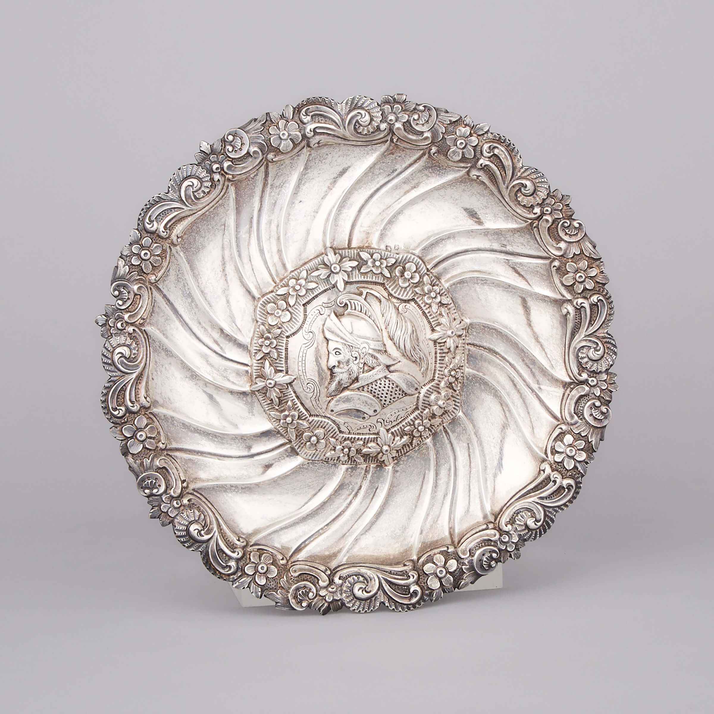Portuguese Silver Romaine Medallion Circular Dish, Porto, early 20th century