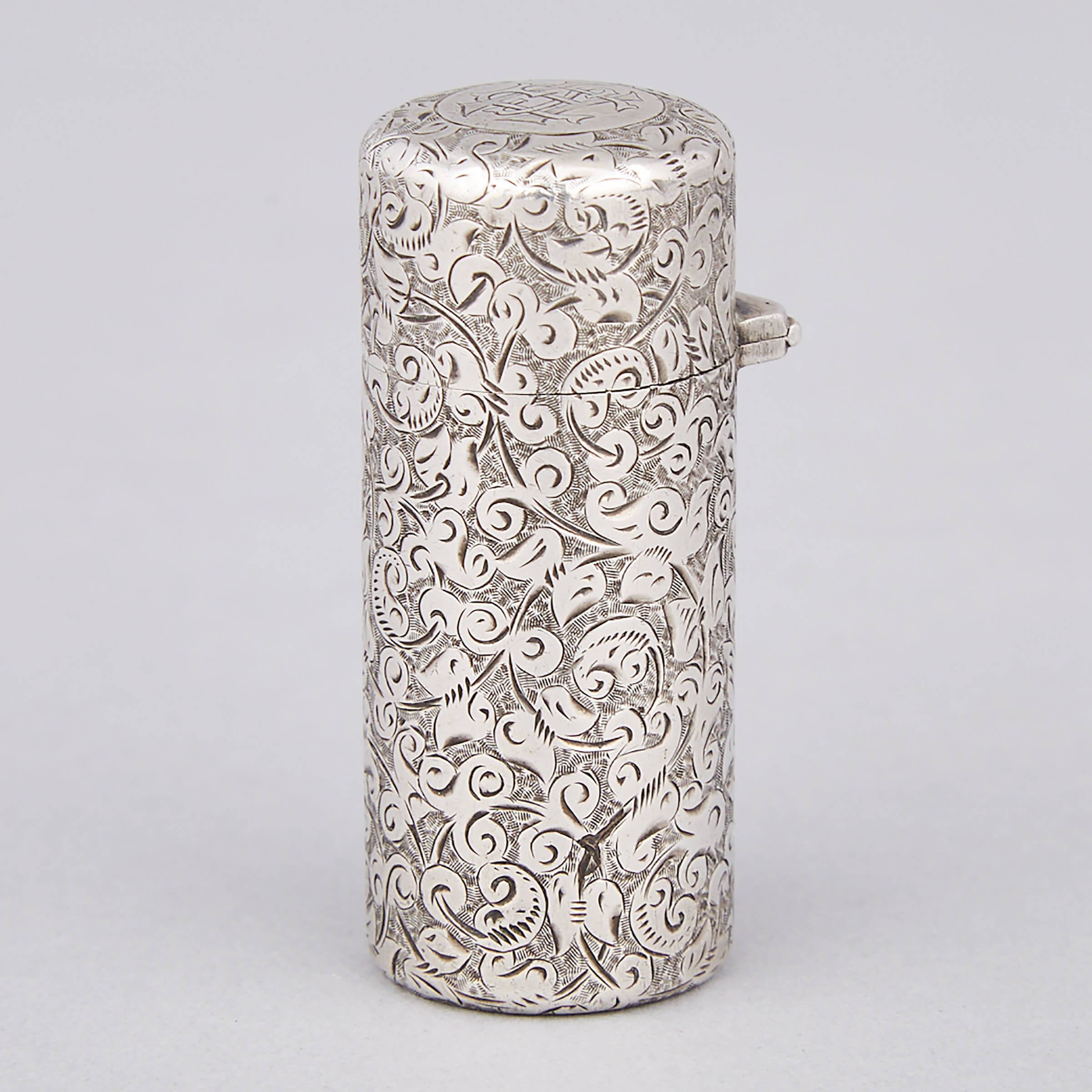 Victorian Engraved Silver and Glass Perfume Bottle, Sampson Mordan & Co., London, 1888