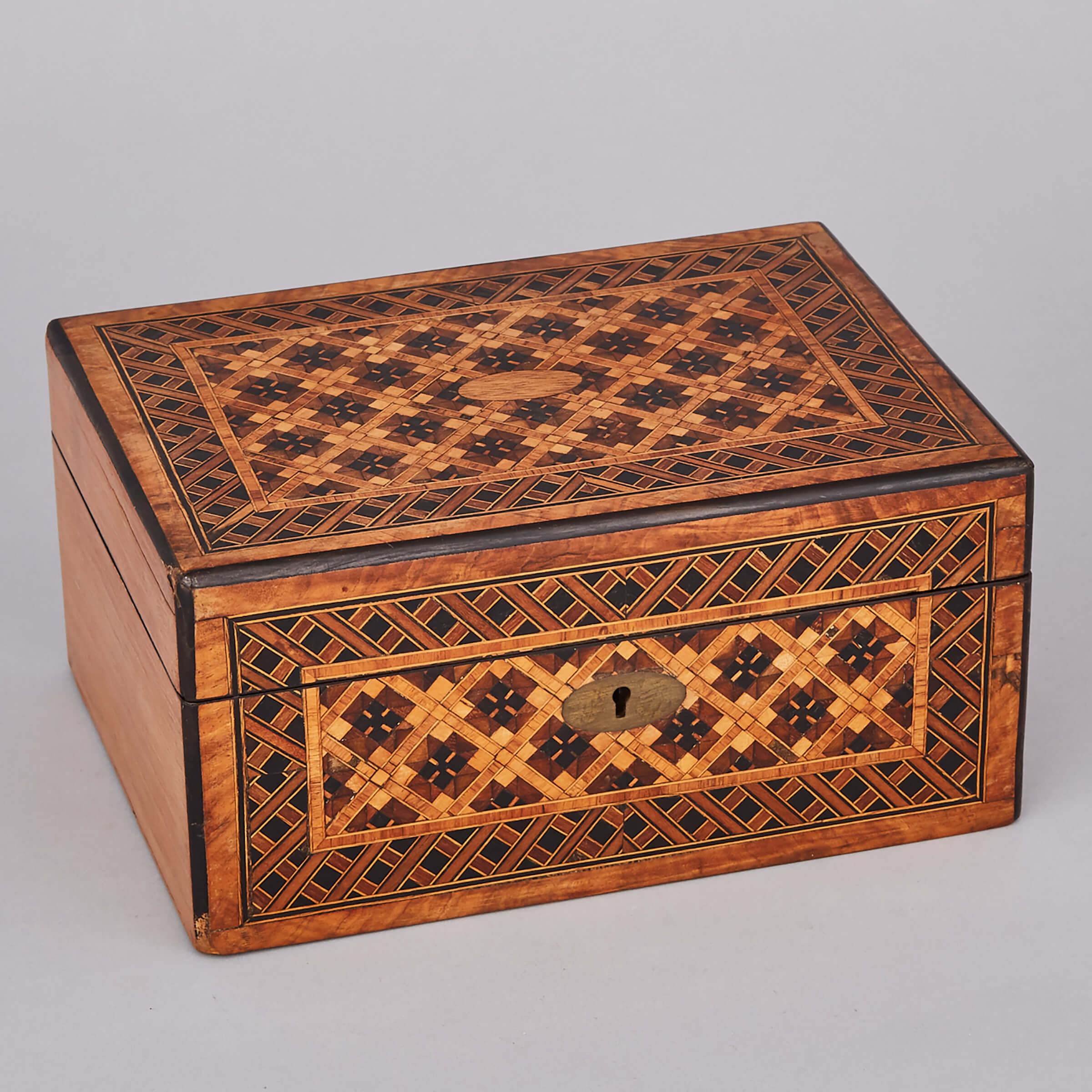 Tunbridge Ware Box and a Small Inlaid Mahogany Drawer on Stand, early 20th century