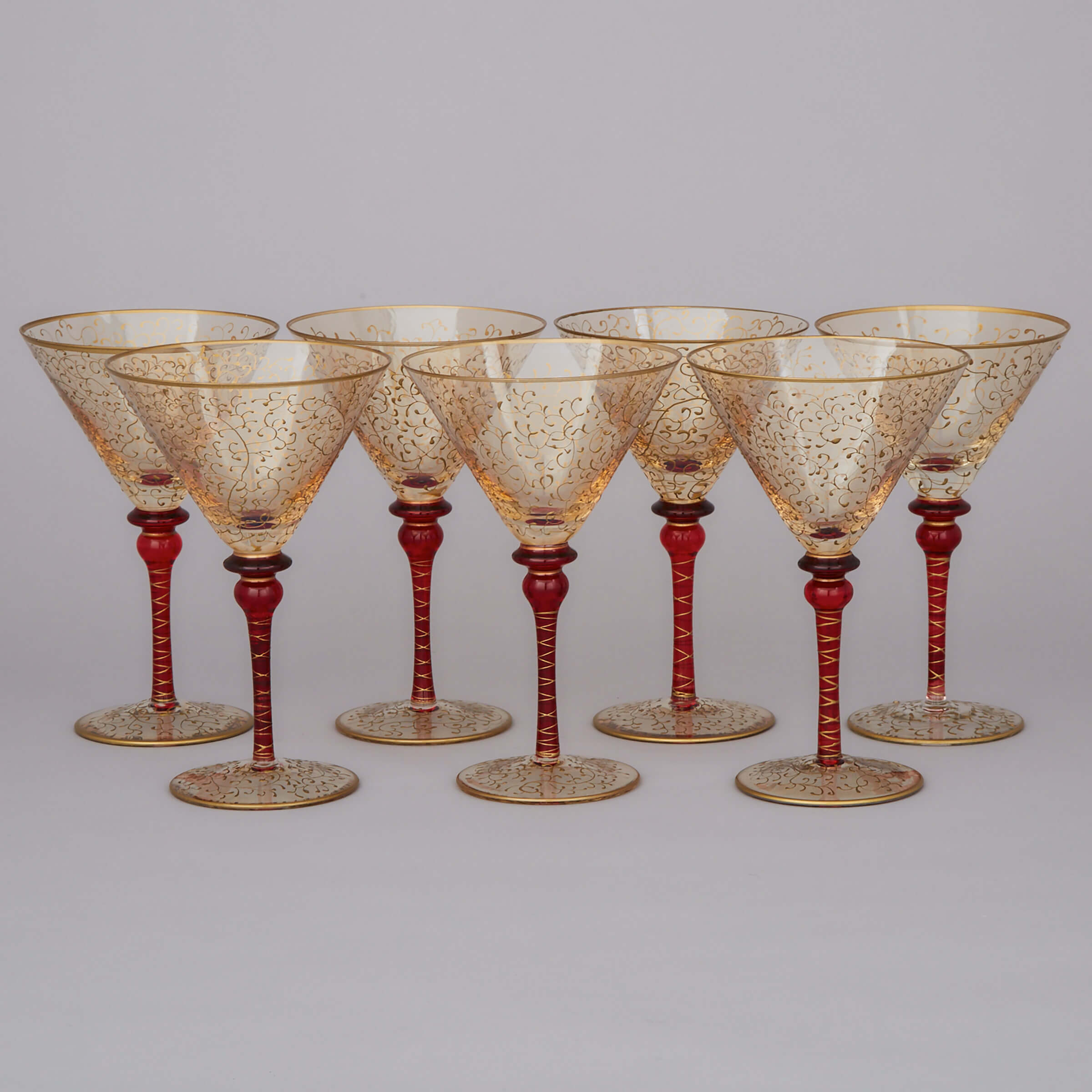 Seven Venetian Red and Gilt Glass Large Martini Glasses, mid-20th century