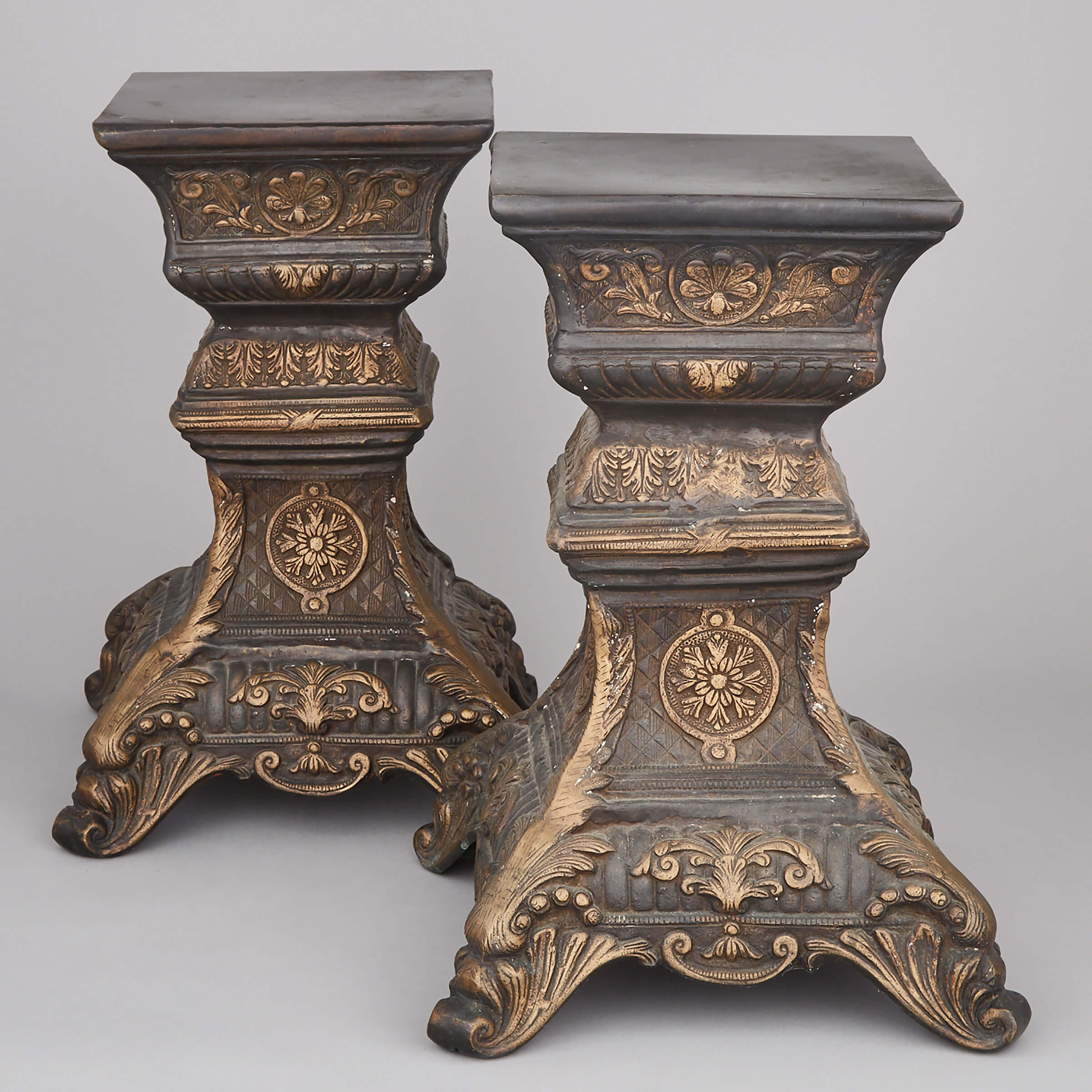 Pair of Italianate Gilt and Patinated Bronze Pedestals, 20th century