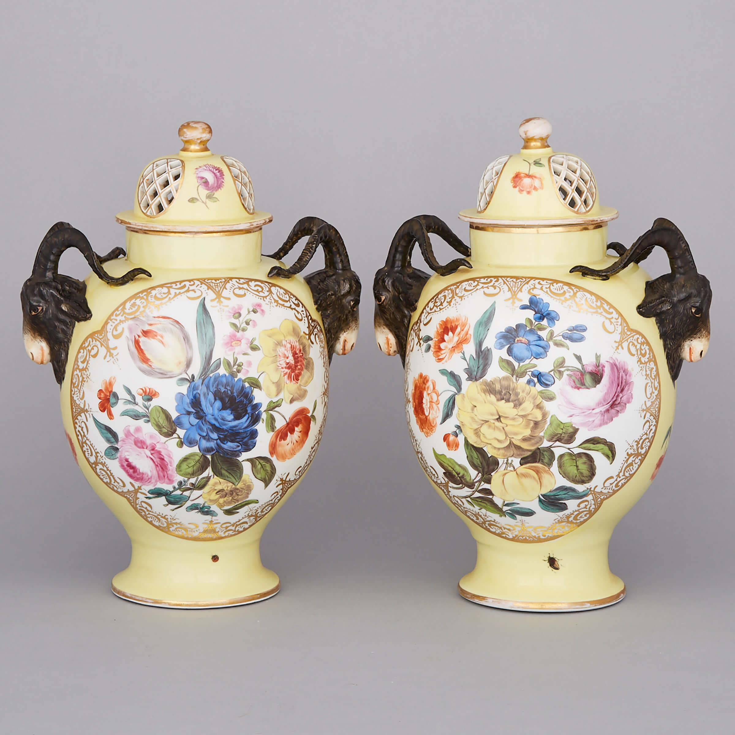 Pair of Dresden Two-Handled Yellow Ground Potpourri Vases with Covers, late 19th/early 20th century