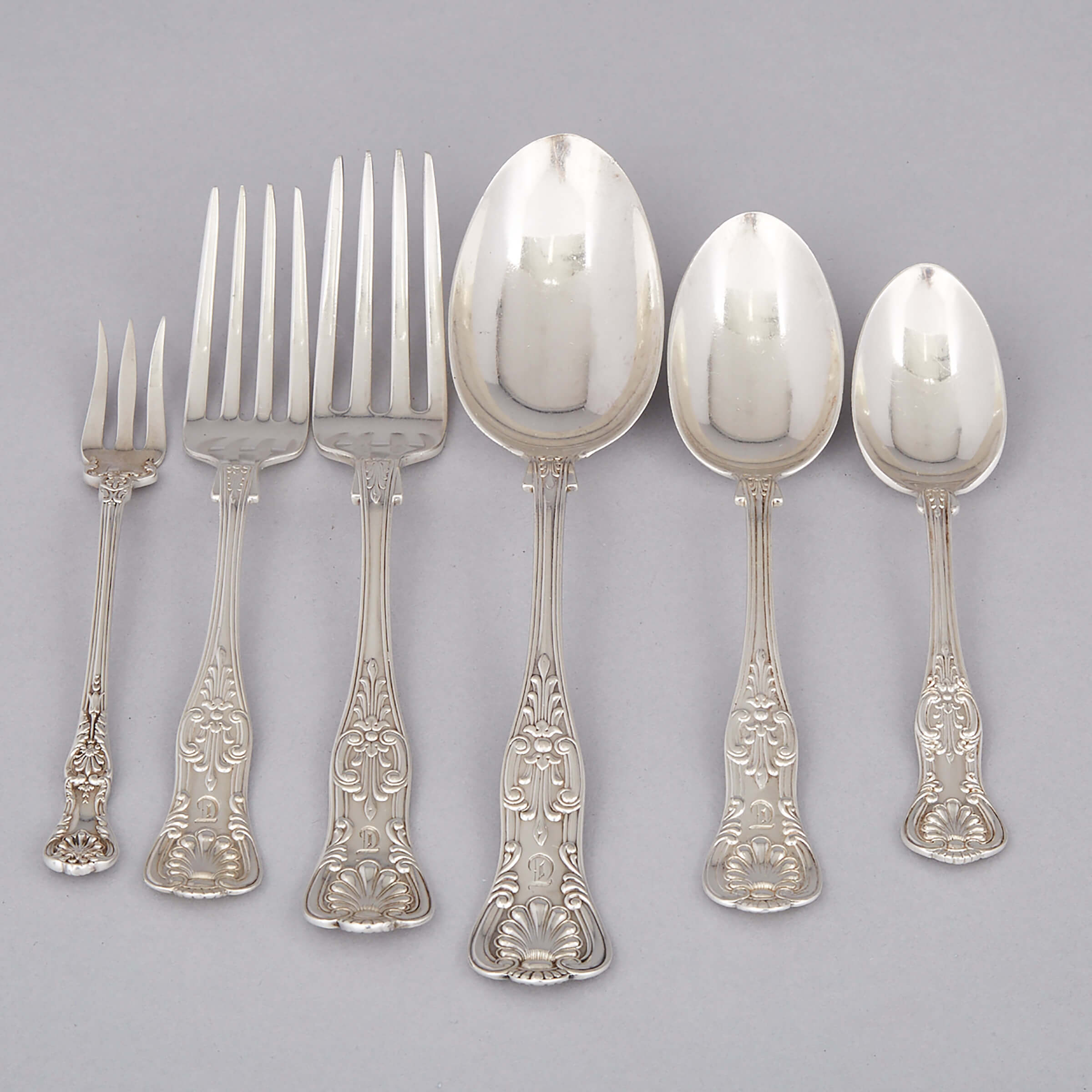 Assembled North American Silver ‘Queens’ and ‘King George’ Pattern Flatware, mainly Gorham Mfg. Co., Providence, R.I. and R. Wallace & Sons, Wallingford, Ct., 20th century