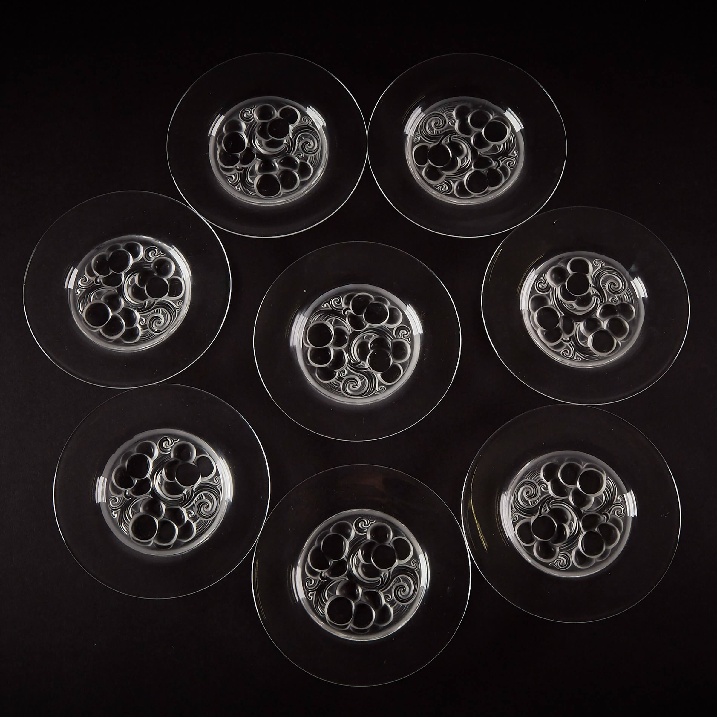 ‘Marienthal’, Eight Lalique Moulded Glass Plates, post-1945
