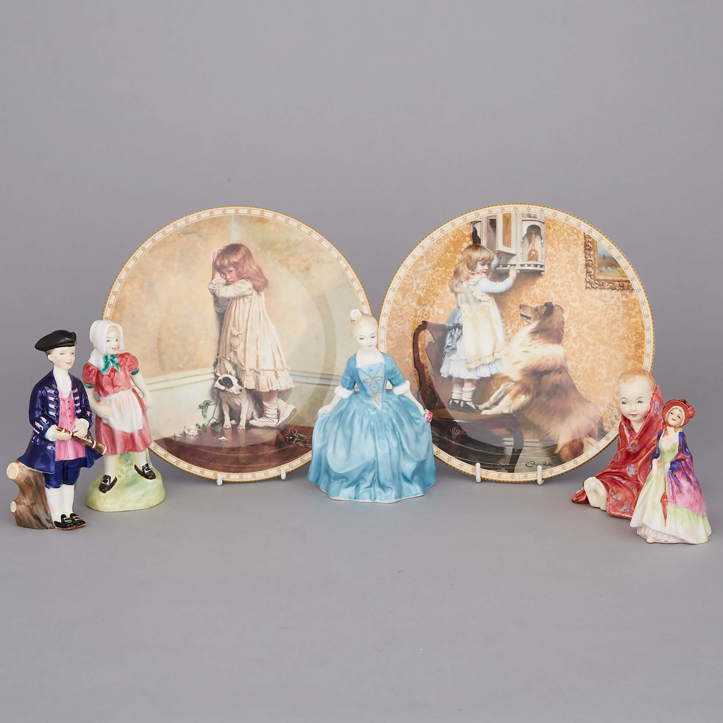 Five Royal Doulton Figures and Two Plates, 20th century 