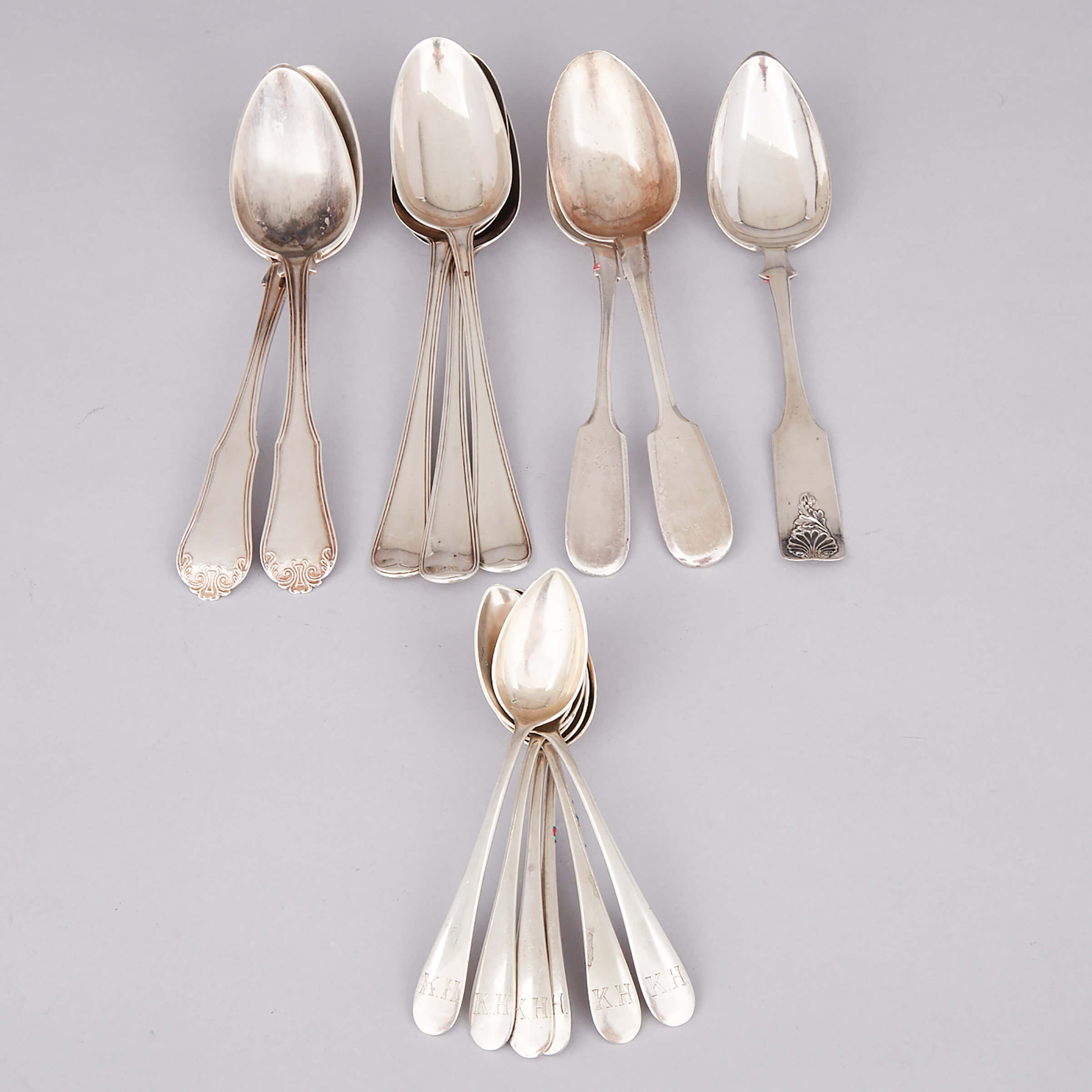Eight Continental European, Russian and Chinese Export Silver Table Spoons and Six Tea Spoons, 19th century