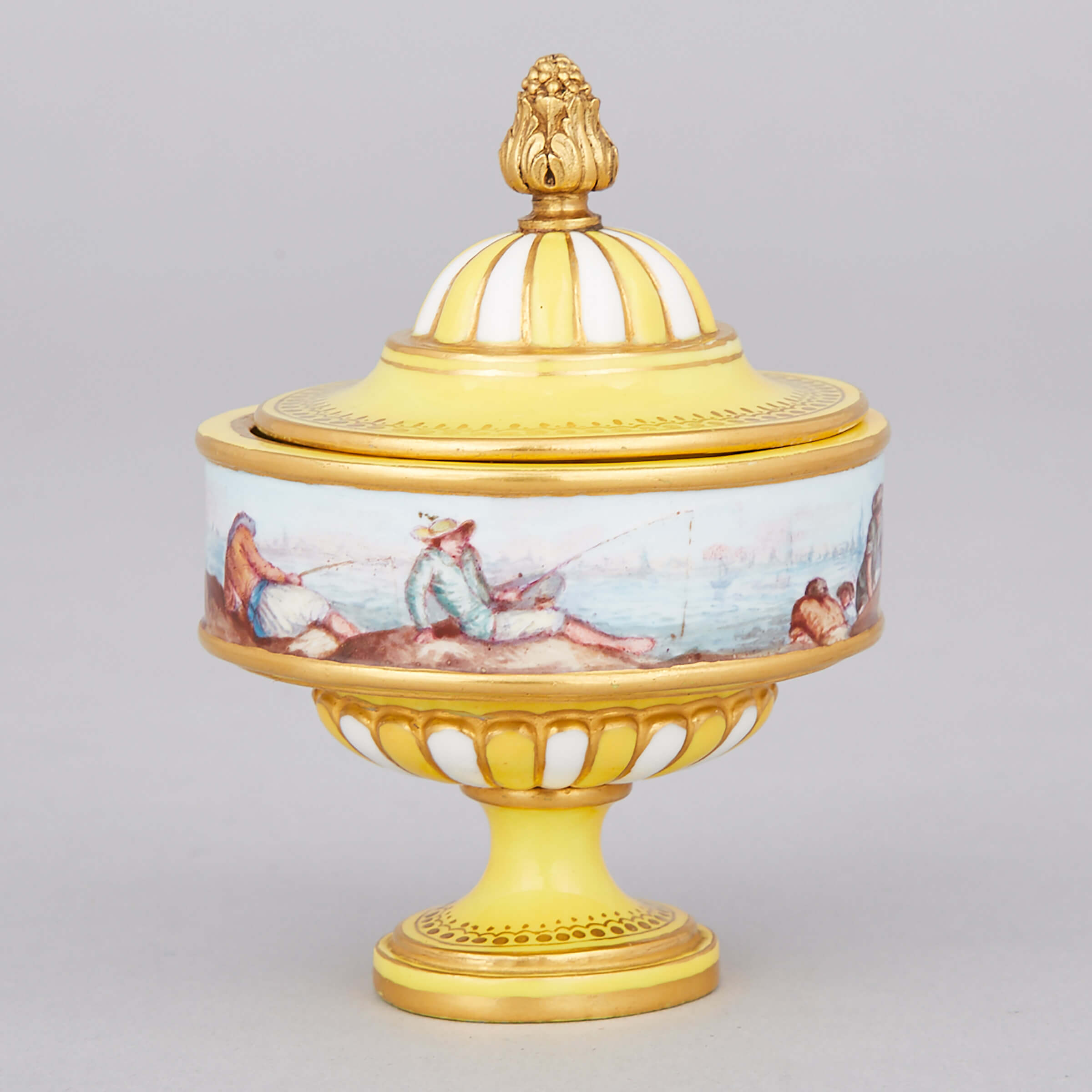 ‘Sèvres’ Yellow Ground Harbour Scene Small Covered Vase, c.1880