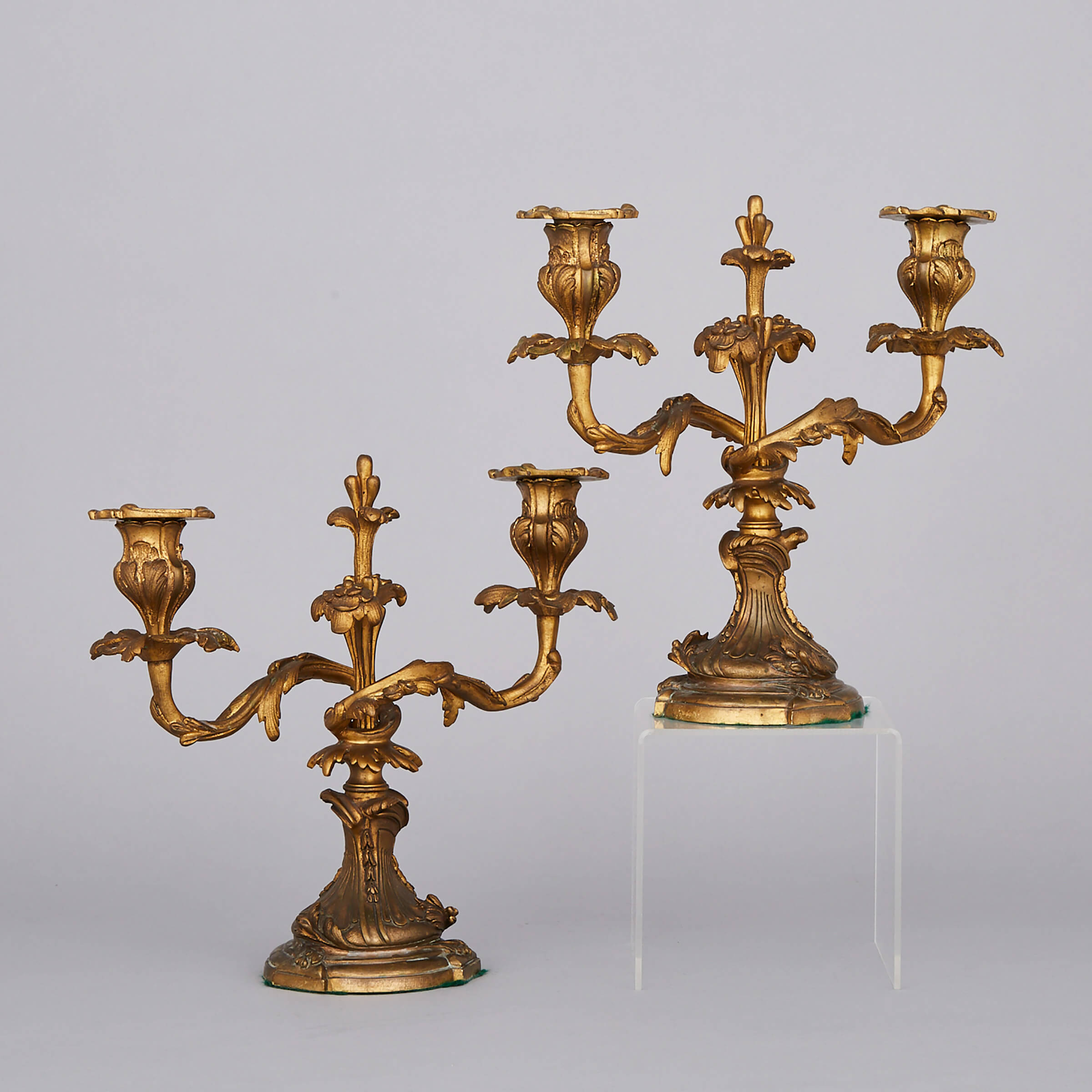 Pair of Louis XV Style Gilt Bronze Two Light Candelabra, mid 20th century