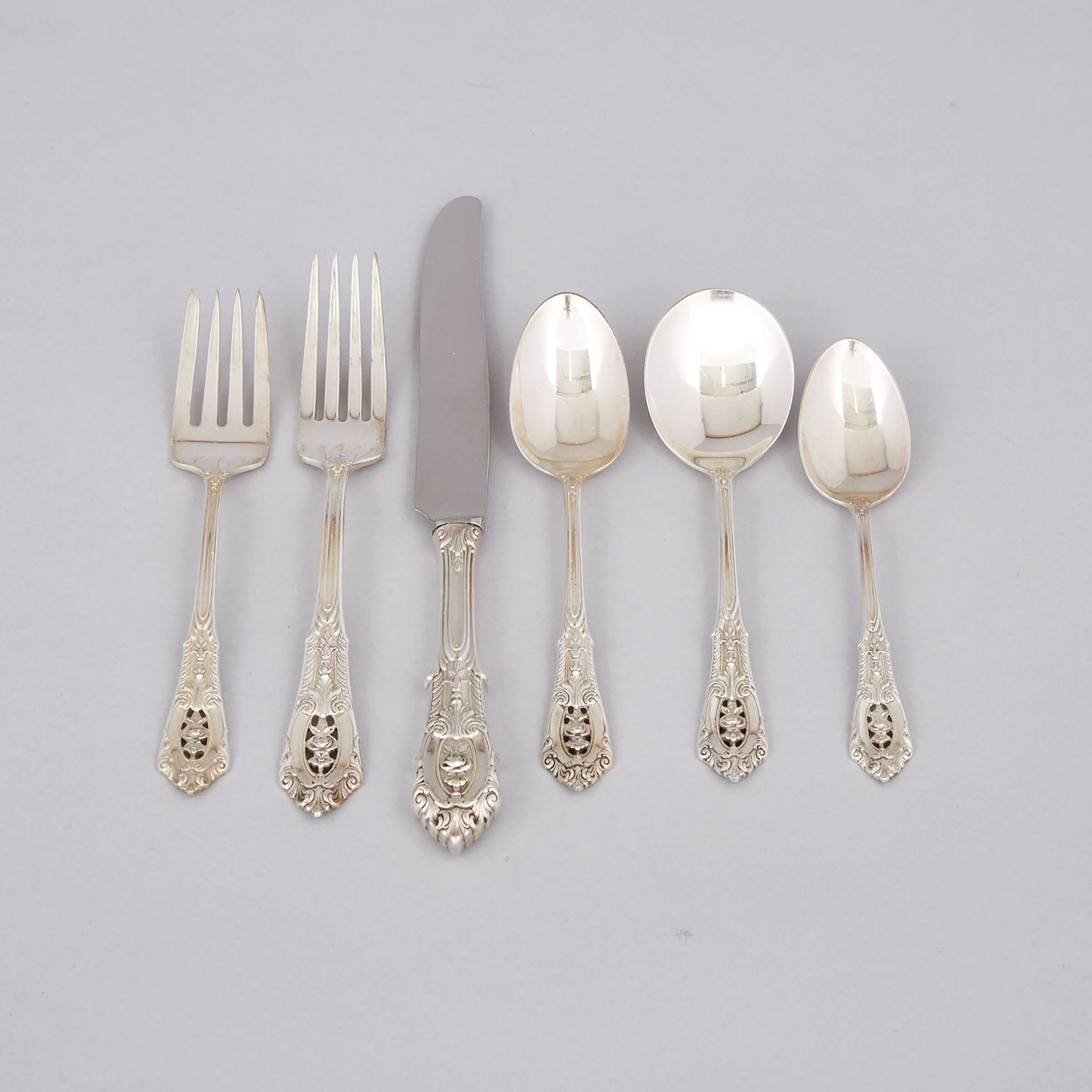 American Silver ‘Rosepoint’ Pattern Flatware Service, Wallace Silversmiths,  Wallingford, Ct., 20th century