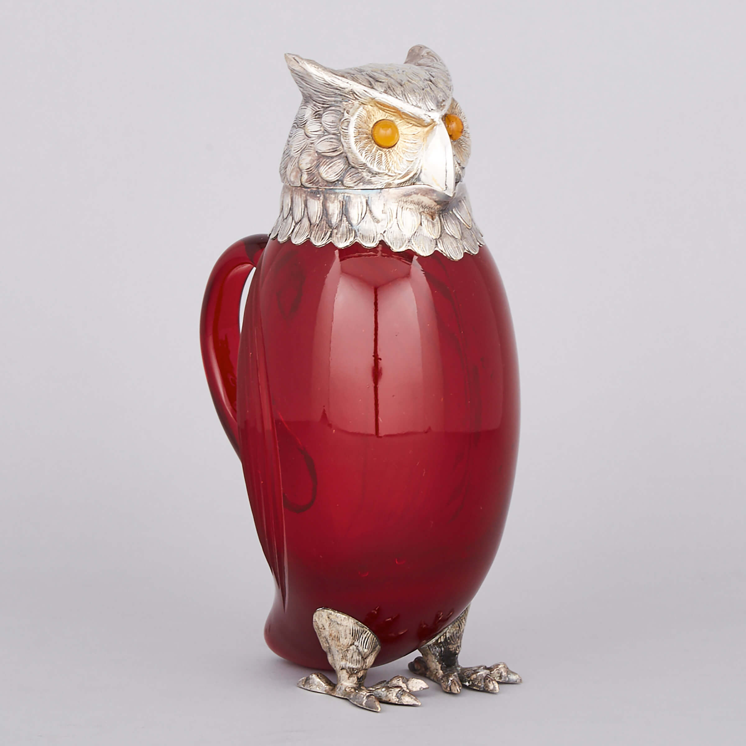 Spanish Silver Plated and Red Glass Owl Form Claret Jug, 20th century