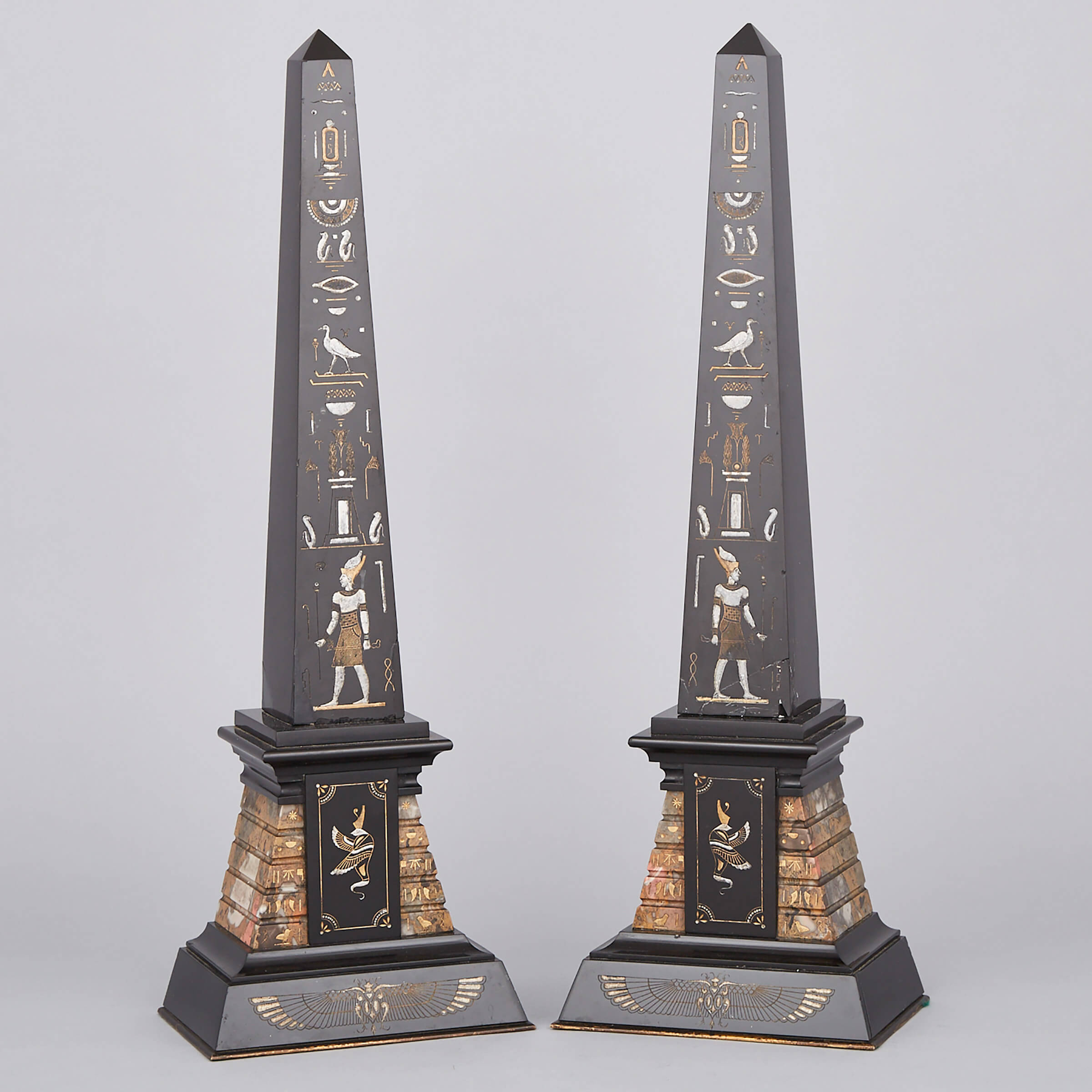 Pair of French Egyptian Revival Belgian Black Slate and Breccia Obelisks, c.1875