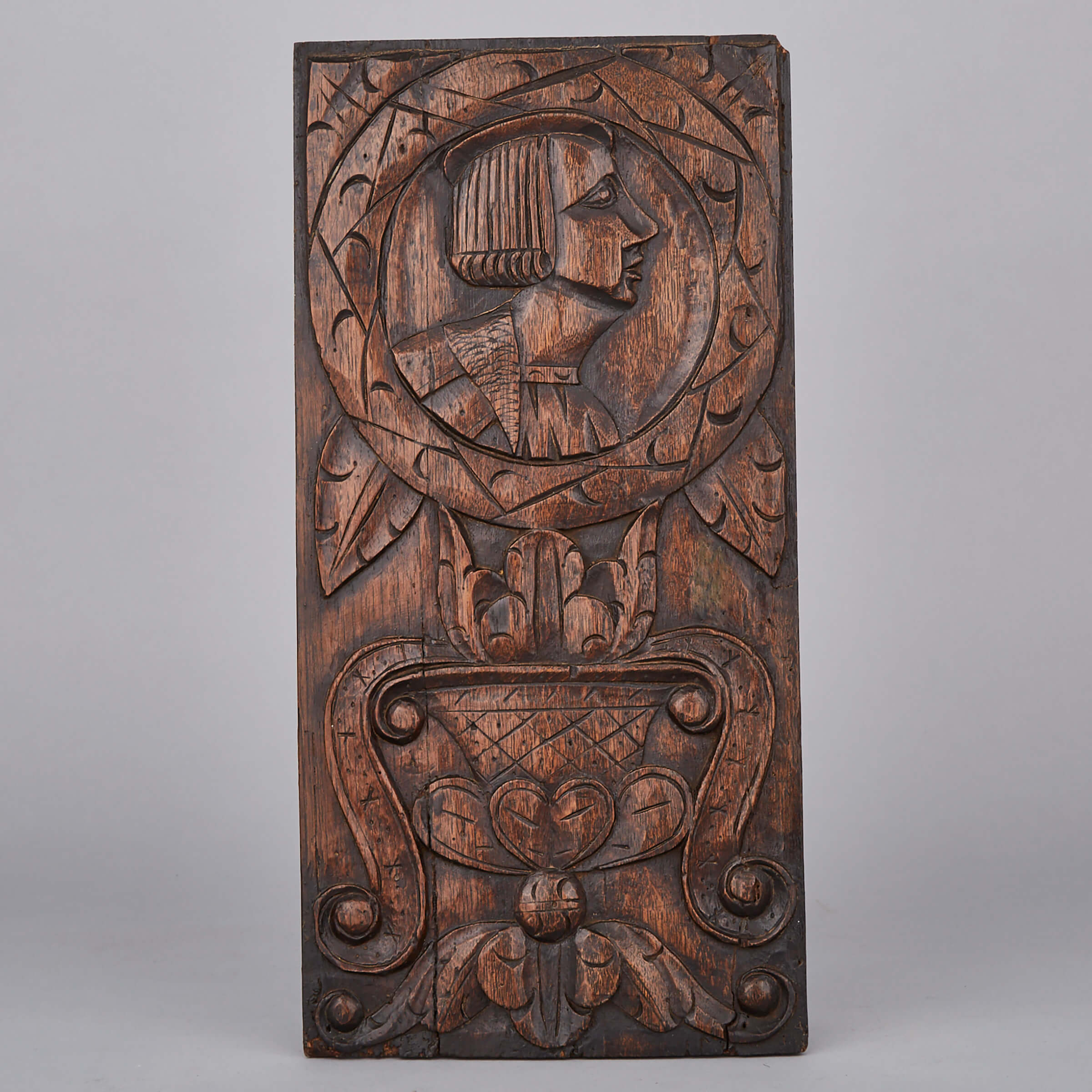 English Relief Carved Oak Romayne Panel, 16th century