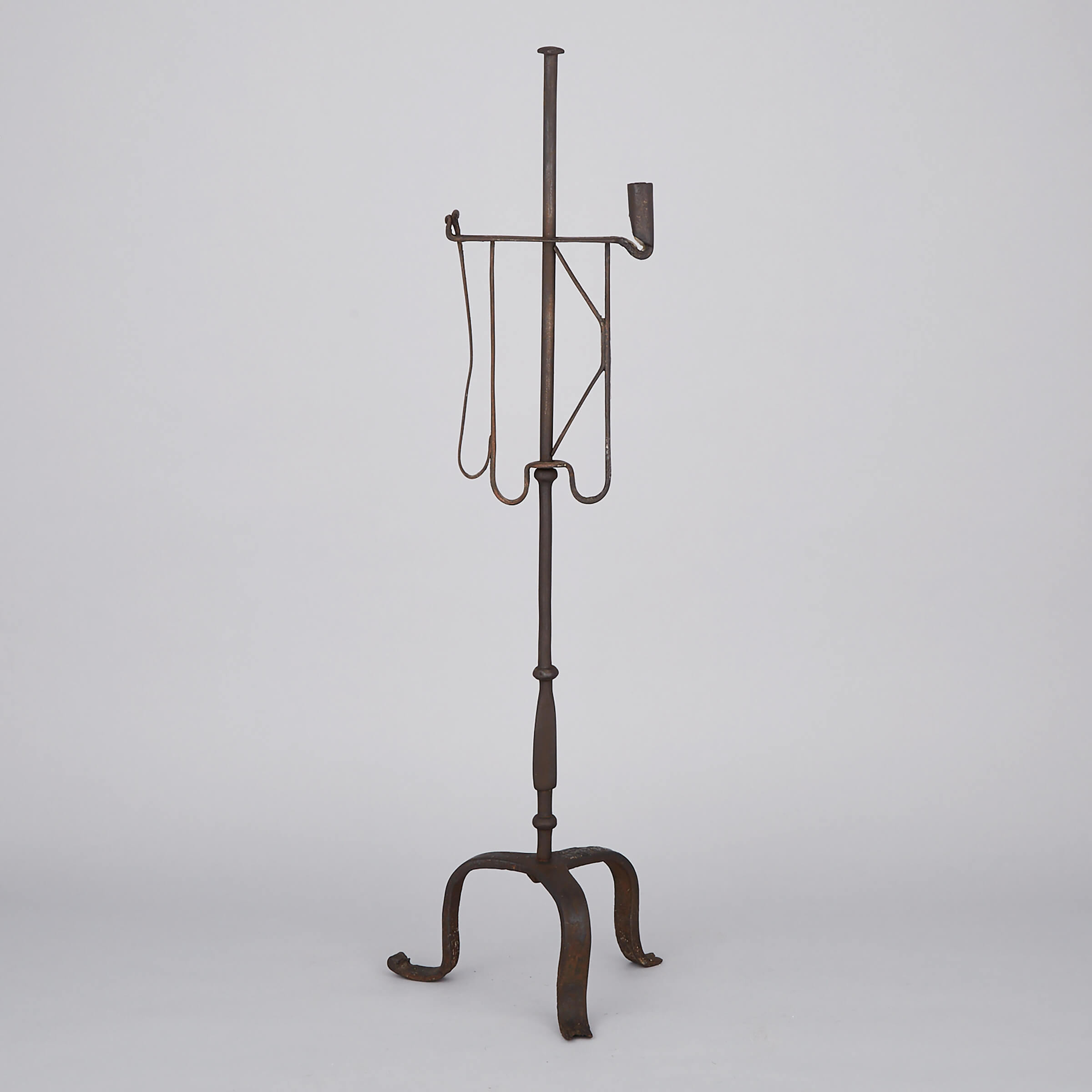 English Wrought Iron Floor Rushnip with Candle Holder, 18th century