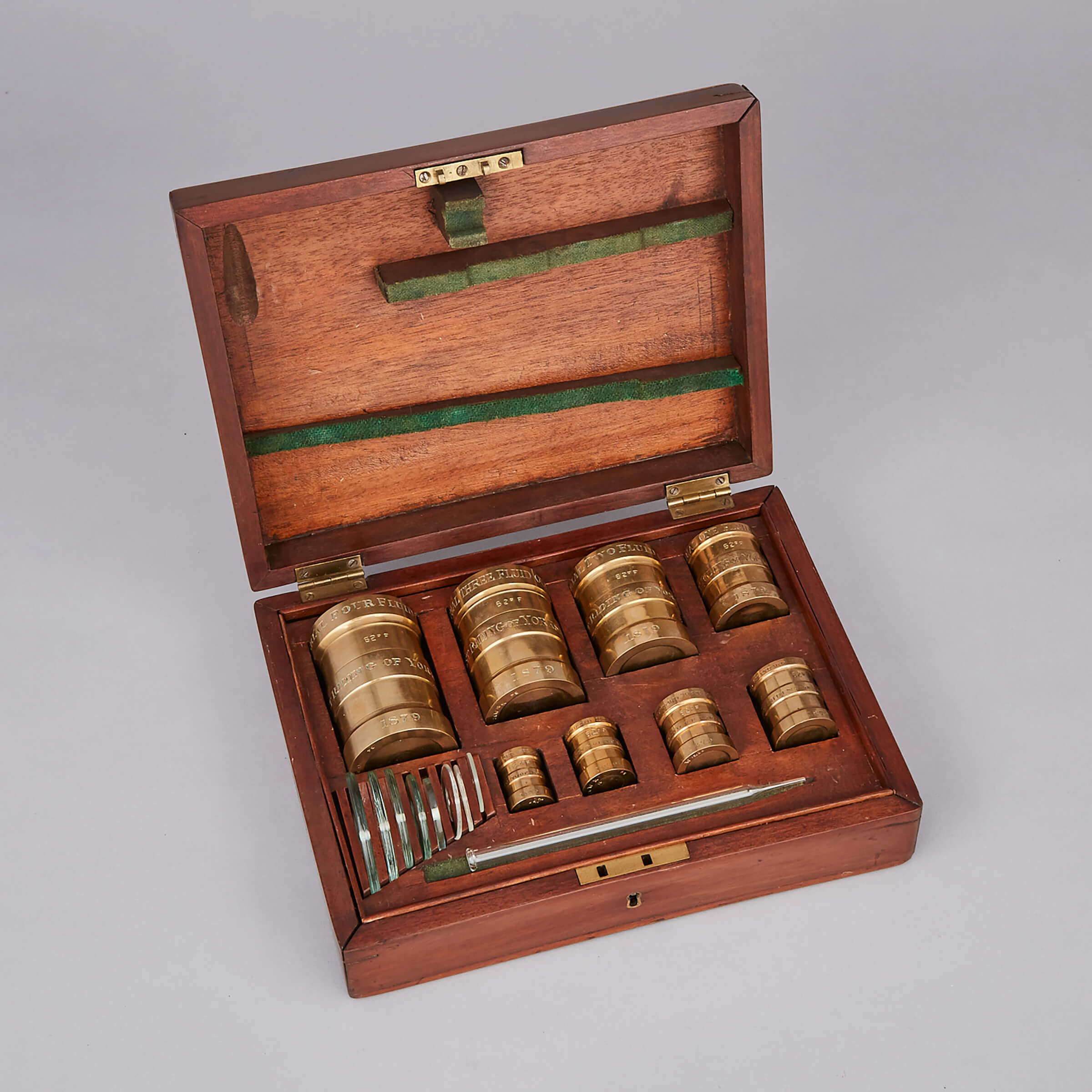 Set of English Brass Graduated Apothecary Measures, De Grave, Short & Co., London, 1879