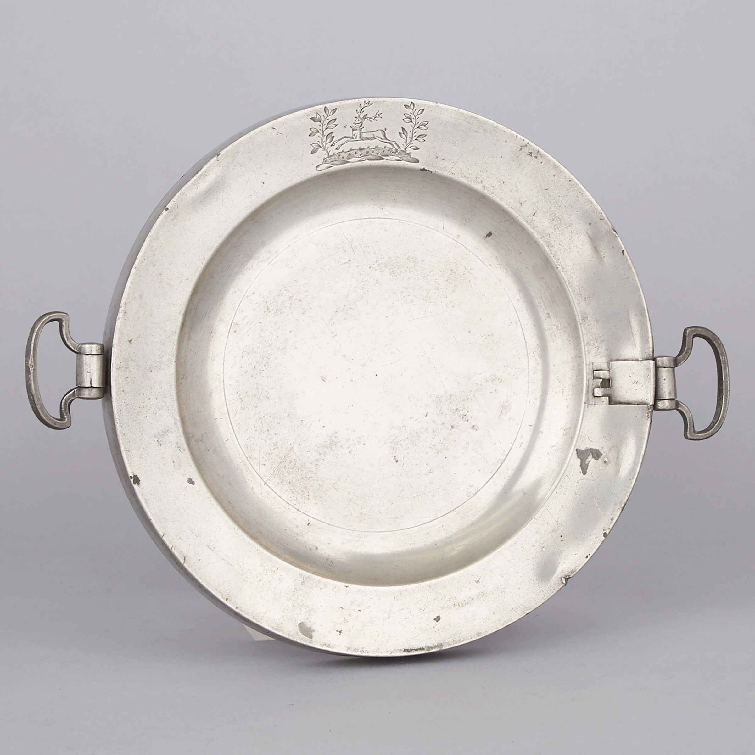 English Baronial Pewter Hot Water Plate, Hall and Scott, Exeter, mid 18th century