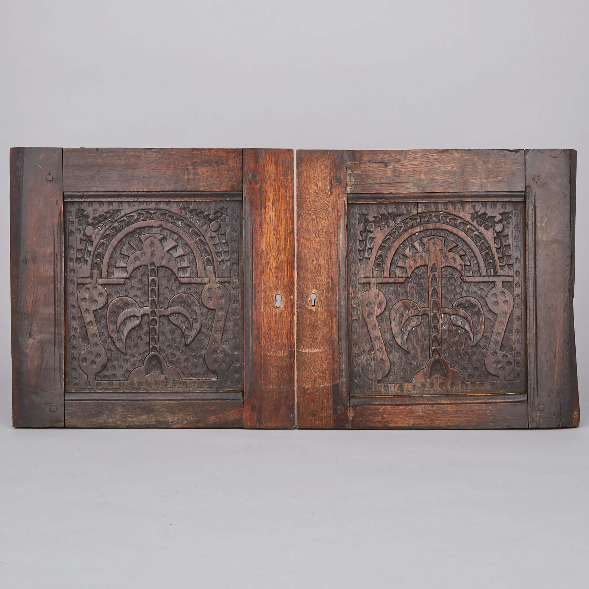 Pair of English Relief Carved Oak Panelled Cupboard Doors, 16th century