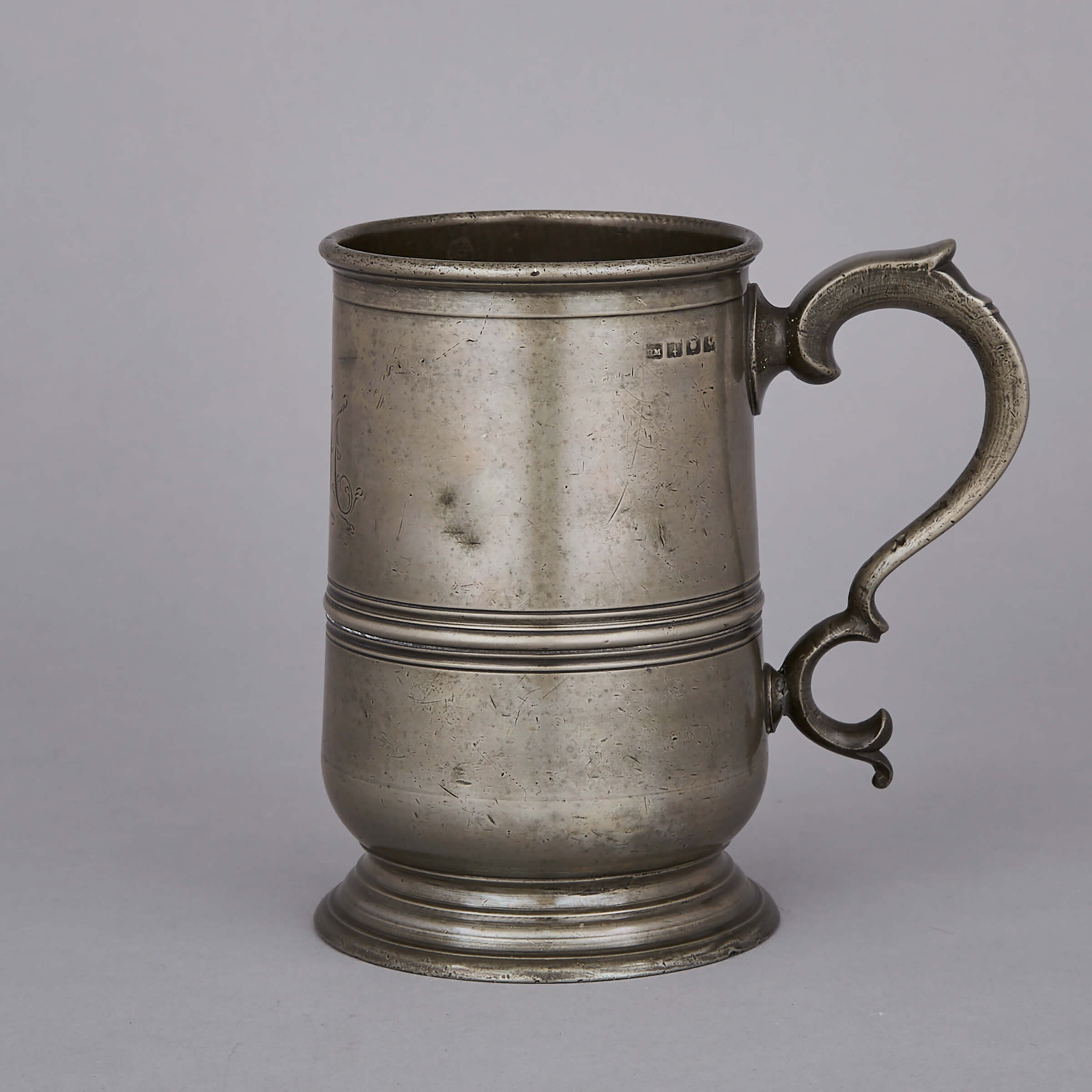 English Pewter U and Filet Banded Quart Mug, Moody and Mister, Surrey, c.1837