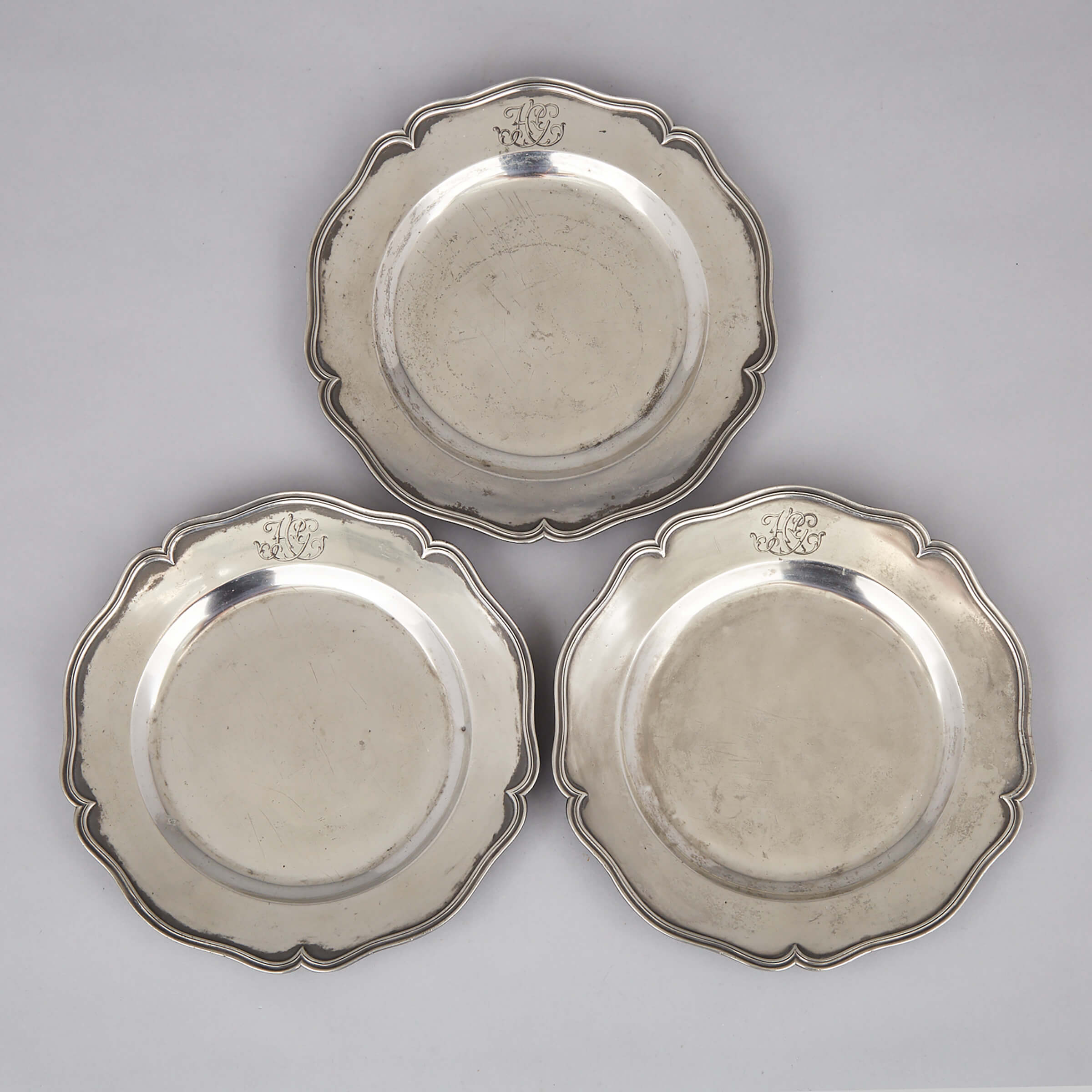 Set of Three English Pewter Wavy Edge Plates, Joseph Spackman, c.1770