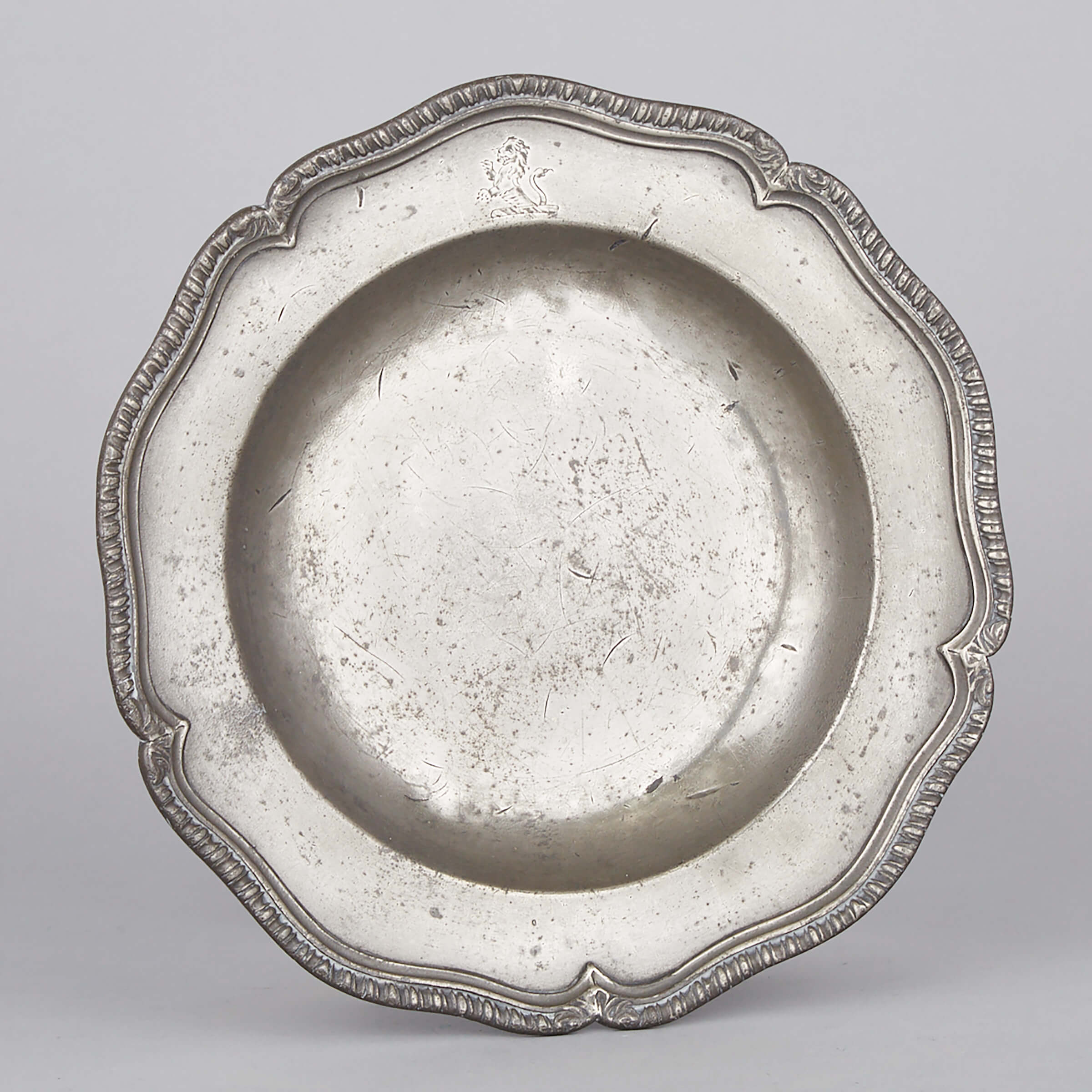 English Pewter Wavy Edge Gadrooned Rim Soup Bowl, Robert Patience, London, mid 18th century