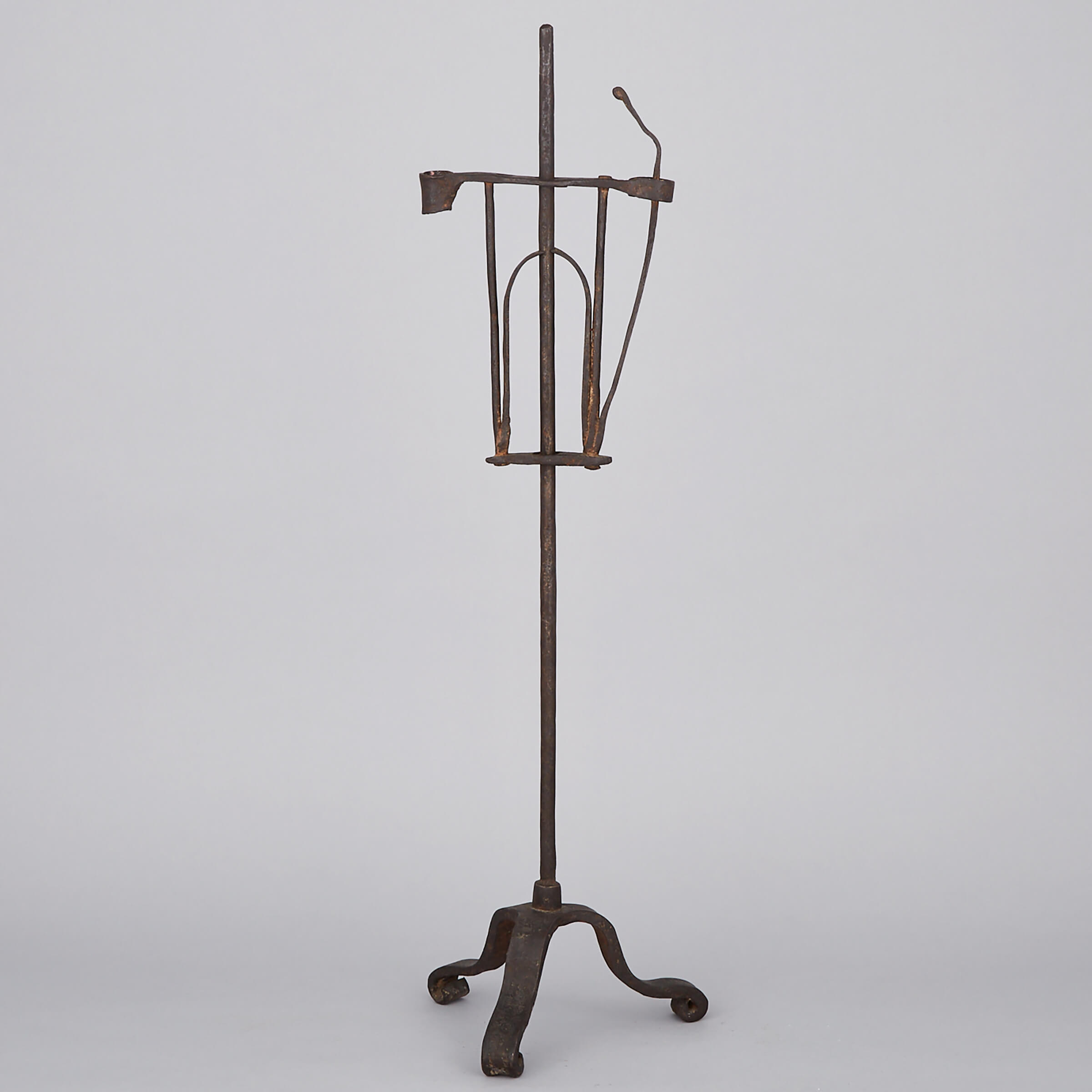 English Wrought Iron Floor Rushnip with Candle Holder, 18th century