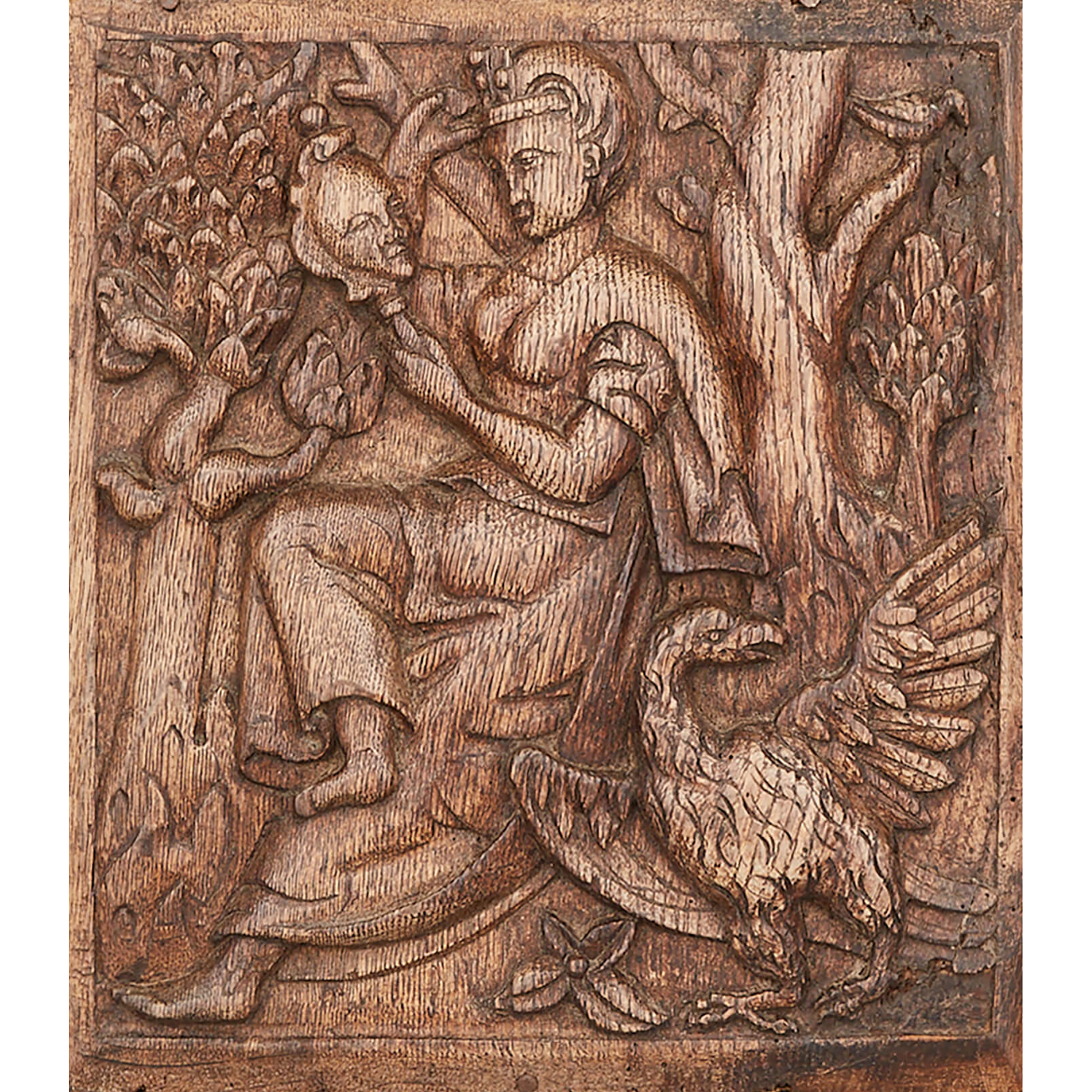 Flemish Allegorical Relief Carved Oak Figural Panel, 16th century