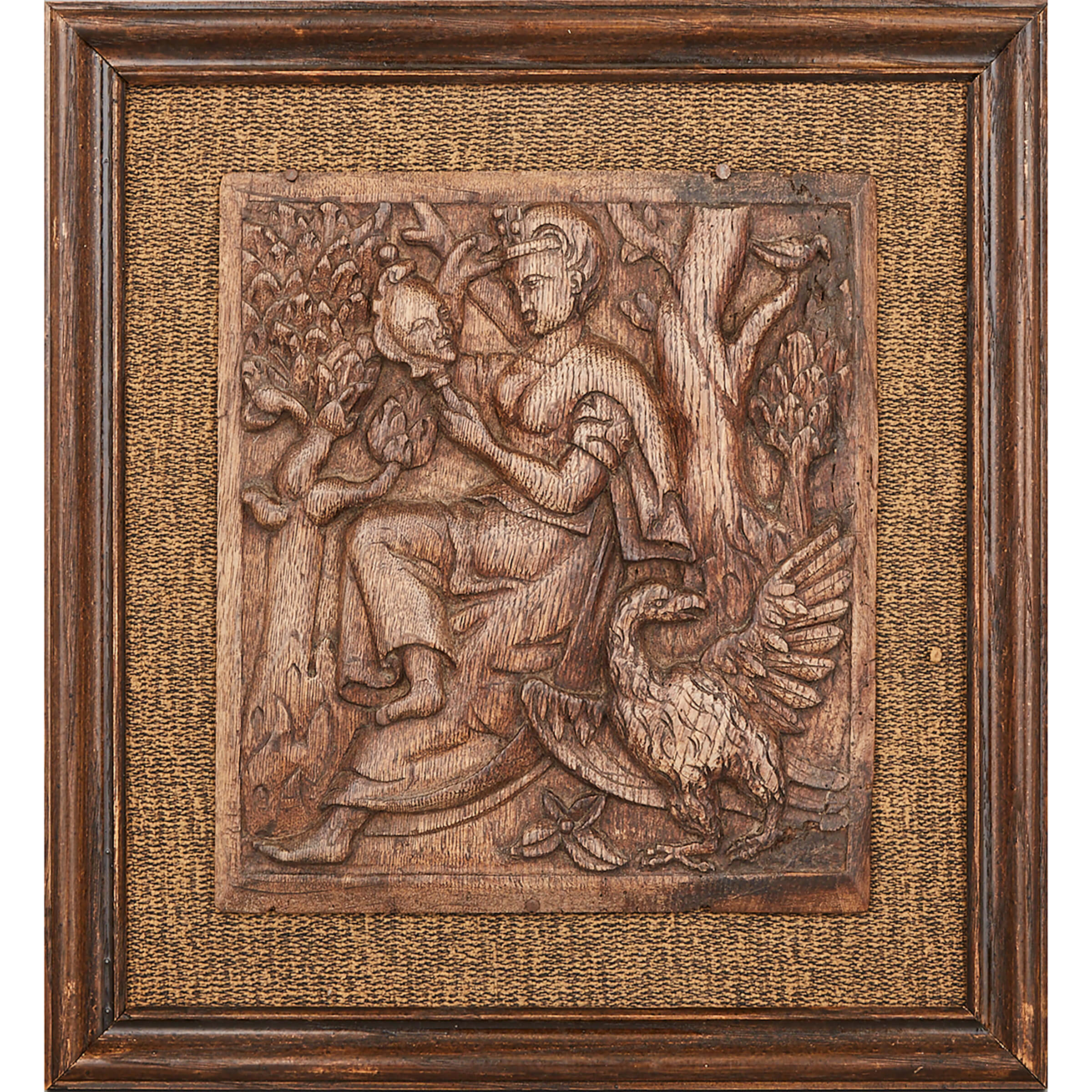 Flemish Allegorical Relief Carved Oak Figural Panel, 16th century