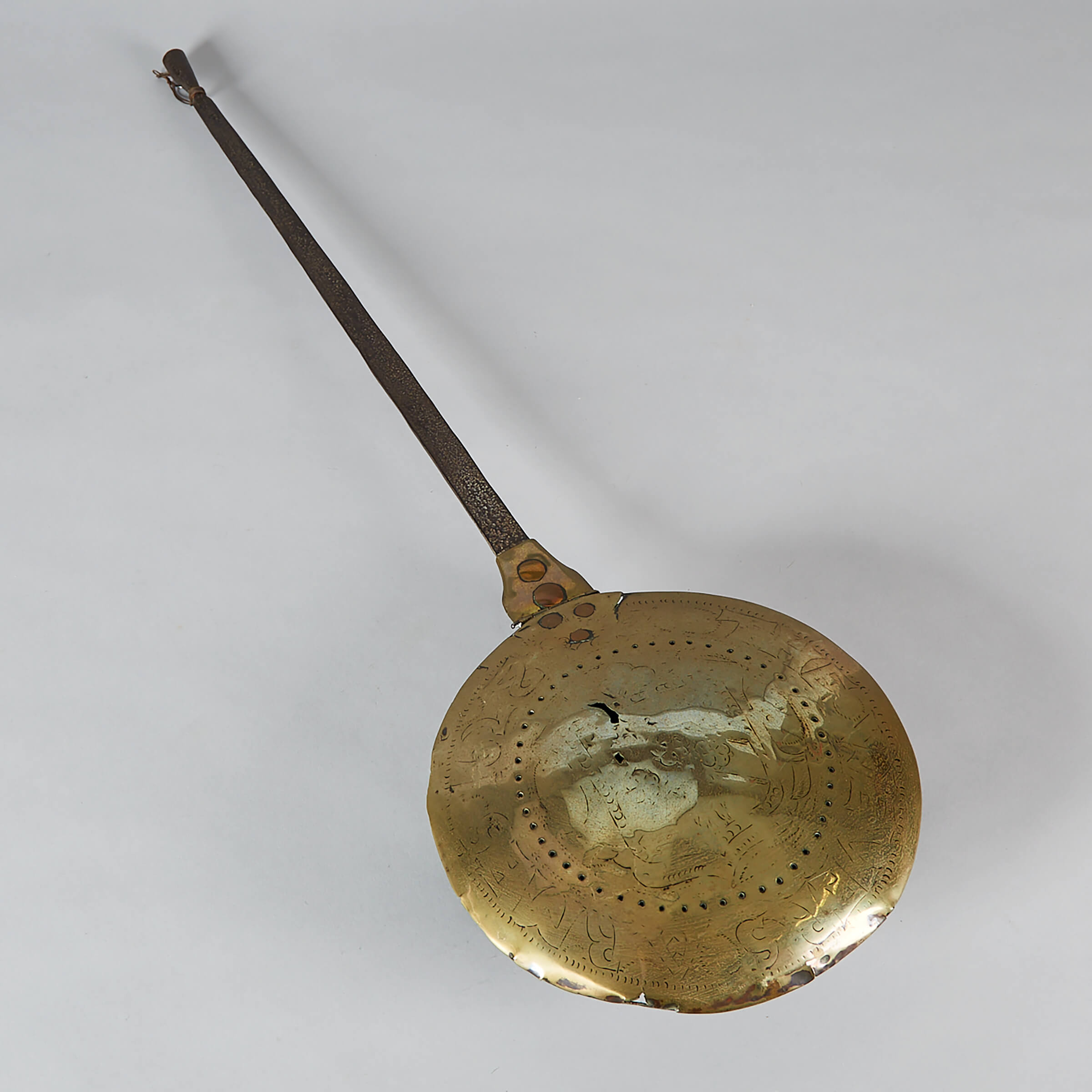 Early English Iron and Brass Bed Warmer, 1628
