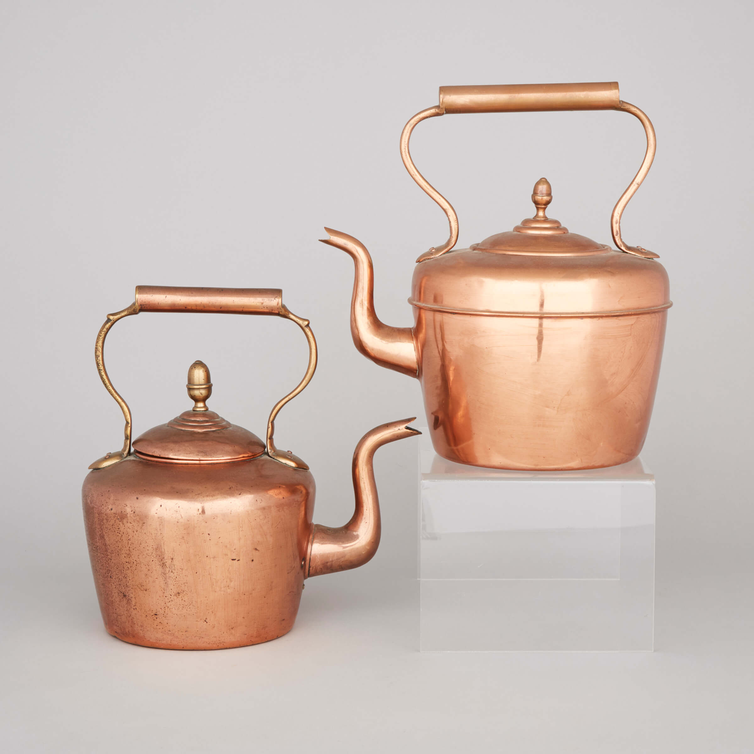 Two Large Victorian Copper Gooseneck Kettles, 19th century