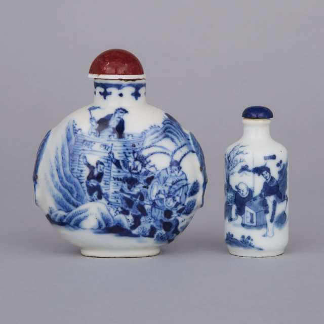 Two Blue and White Porcelain Snuff Bottles, 19th Century