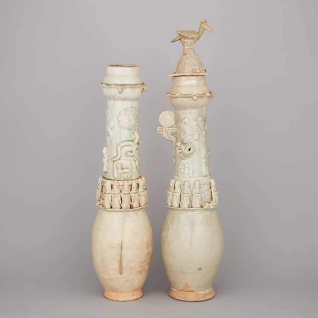 A Pair of Tall Chinese Yingqing Glazed Granary Jars, Song Dynasty 