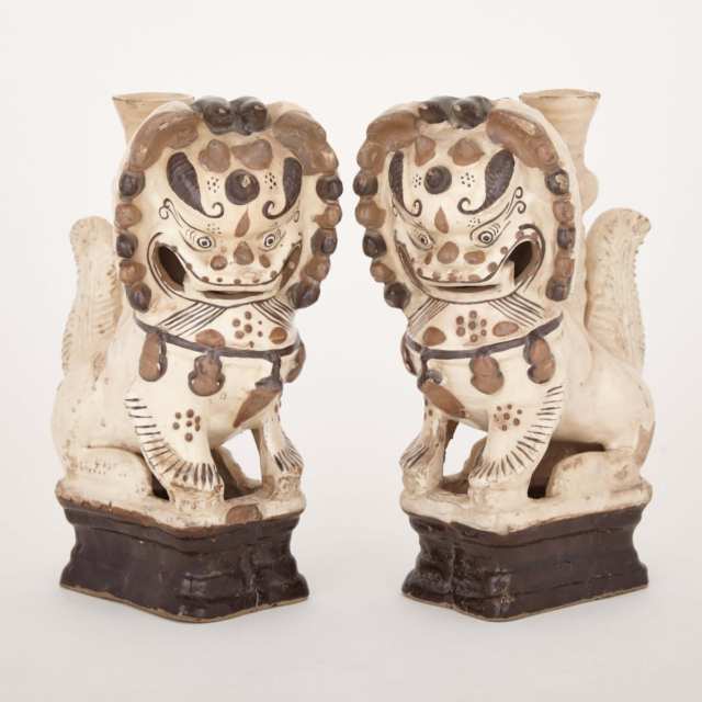 A Pair of Chinese Cizhou Buddhistic Lion Tapersticks, Early 19th Century