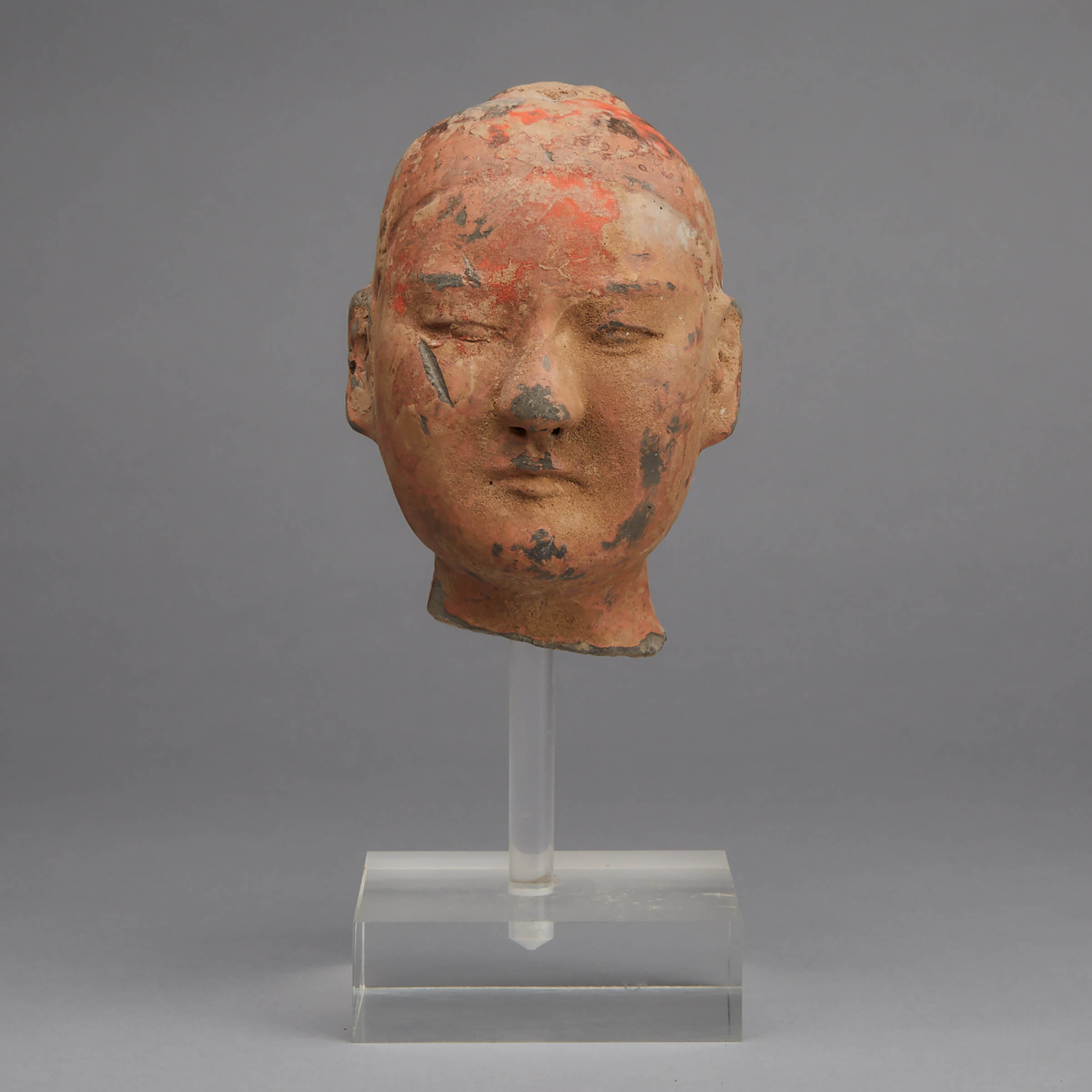 A Painted Grey Pottery Head of a Solider, Han Dynasty