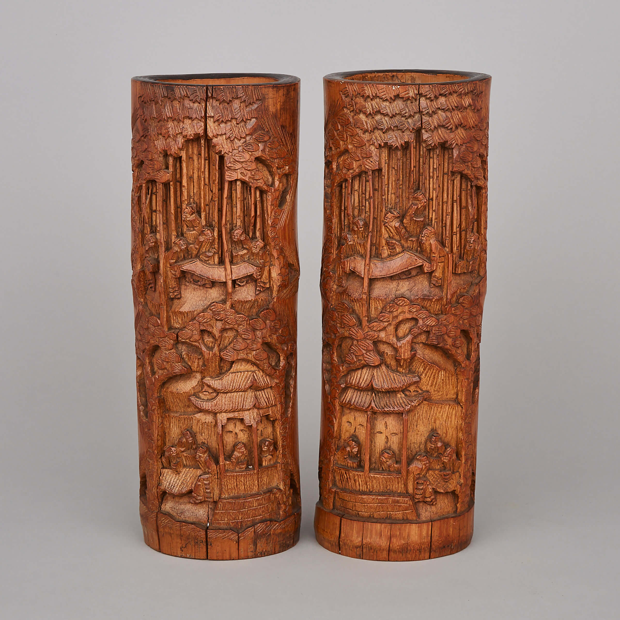 A Pair of Large Bamboo Carved Landscapes