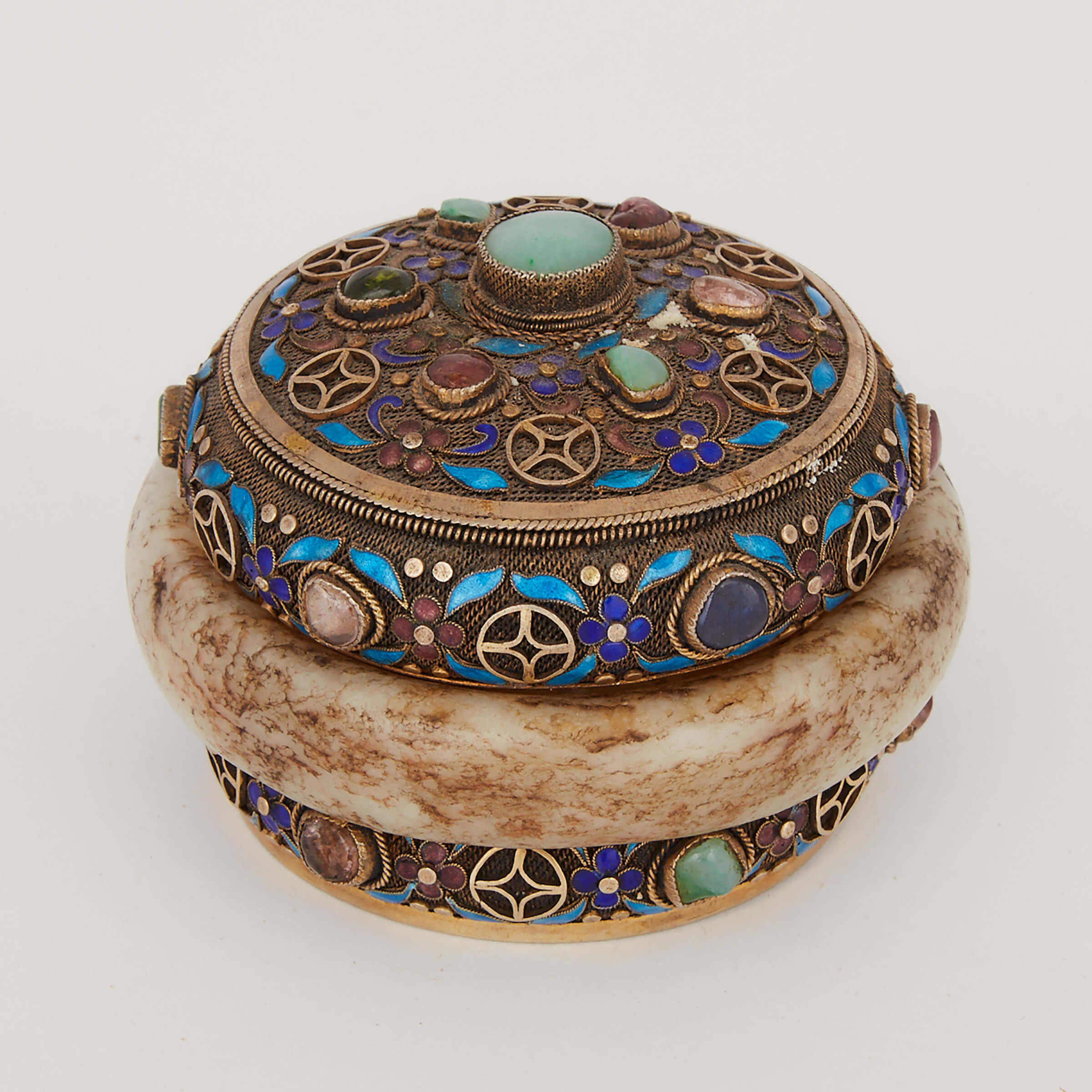 A Chinese Silver Gilt and Jade Bangle Box and Cover