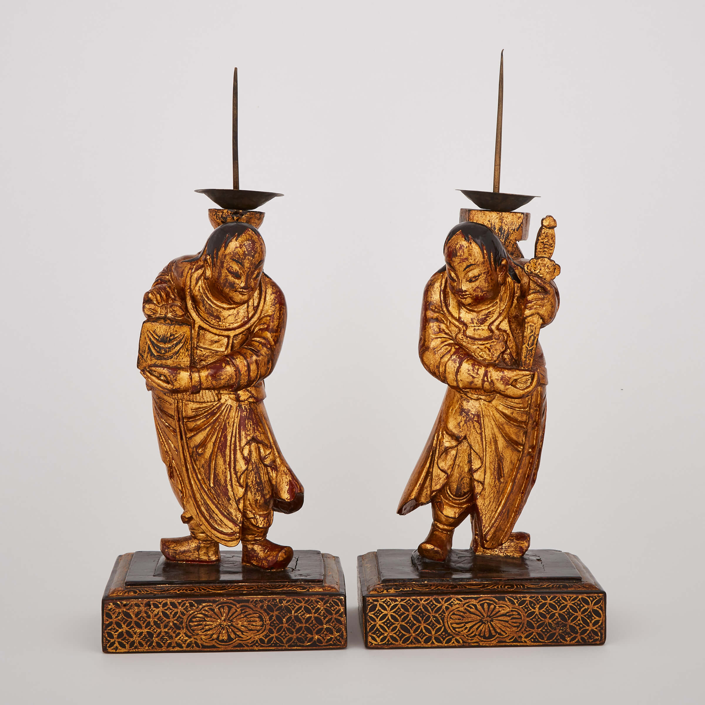 A Pair of Gilt Wood Figural Candle Holders of Guan Ping and Zhou Cang, 19th Century