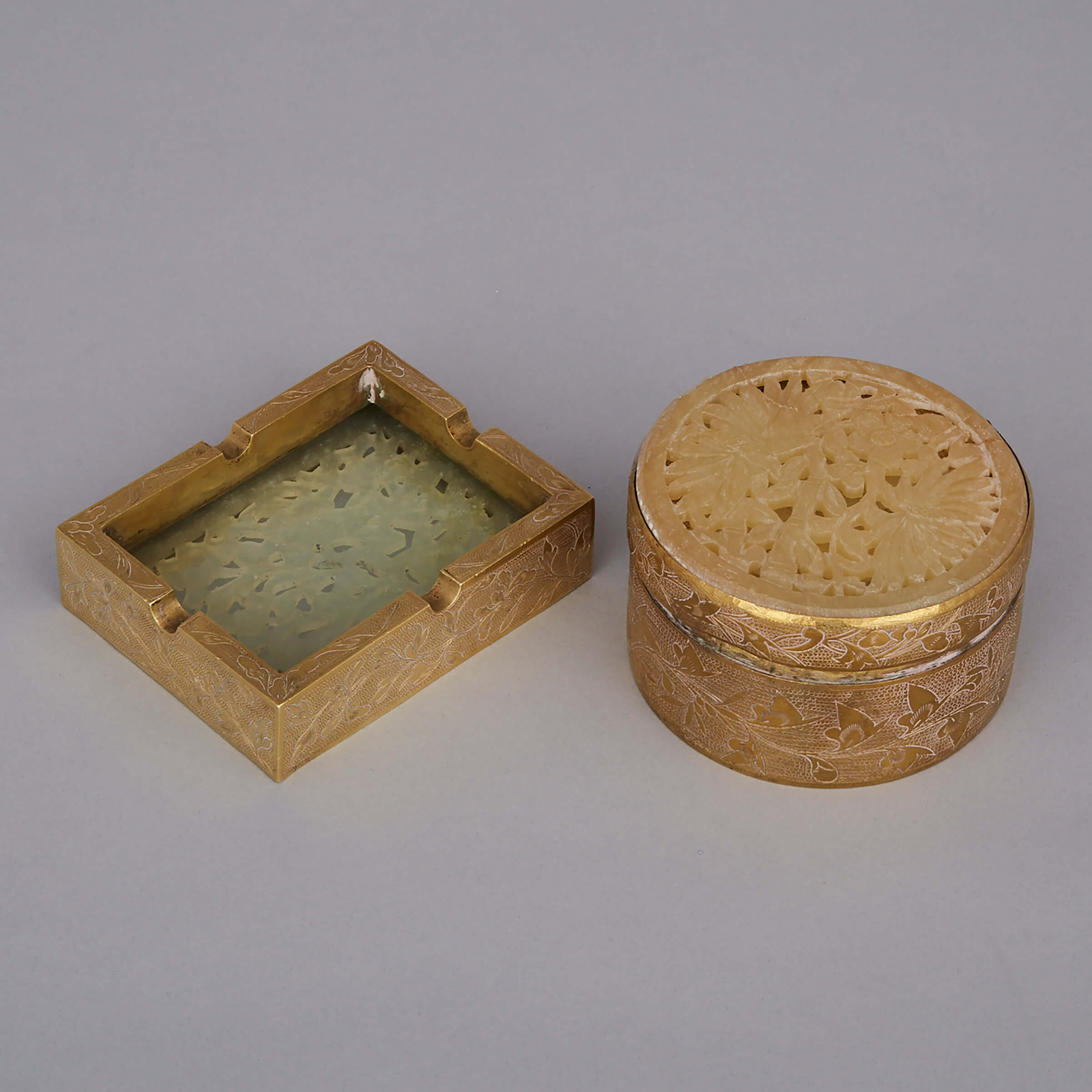 Two Hardstone Inlaid Brass Containers