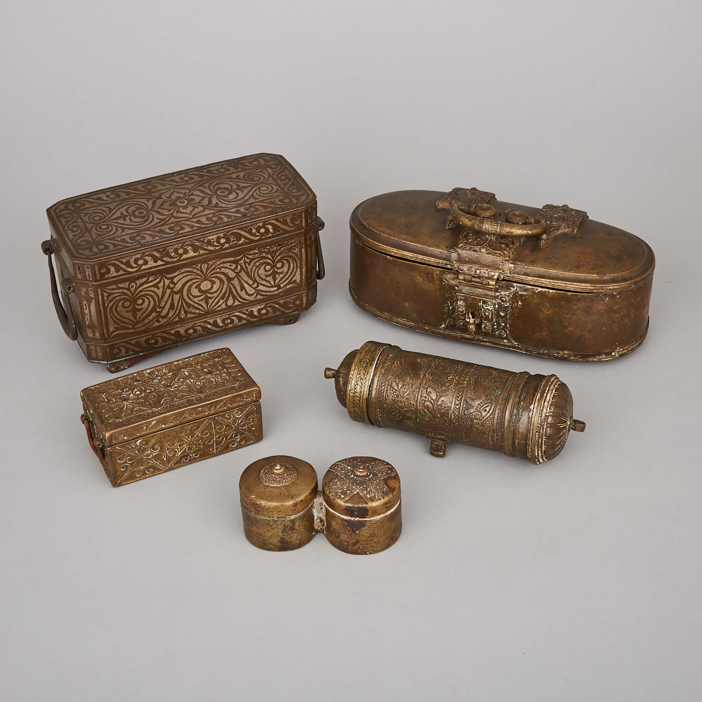 Group of Five Mindanao Brass Betal Boxes, Philippines, Early 20th Century