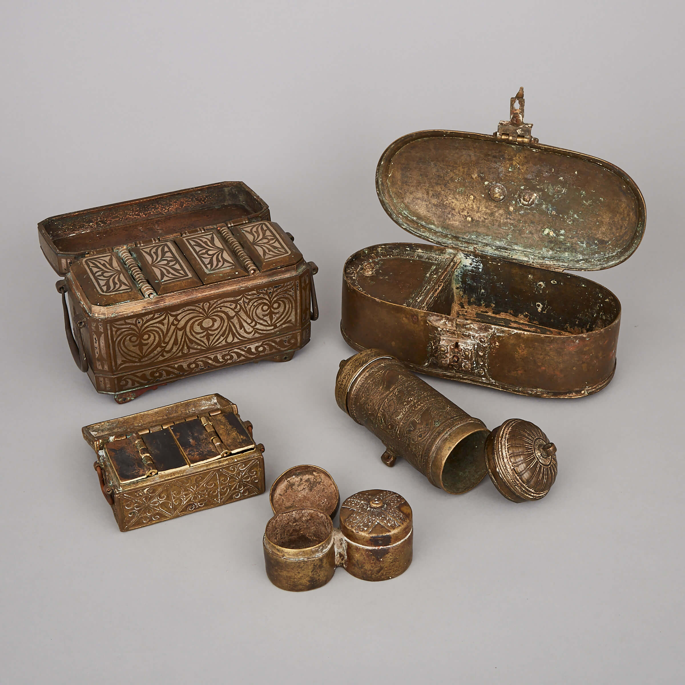 Group of Five Mindanao Brass Betal Boxes, Philippines, Early 20th Century