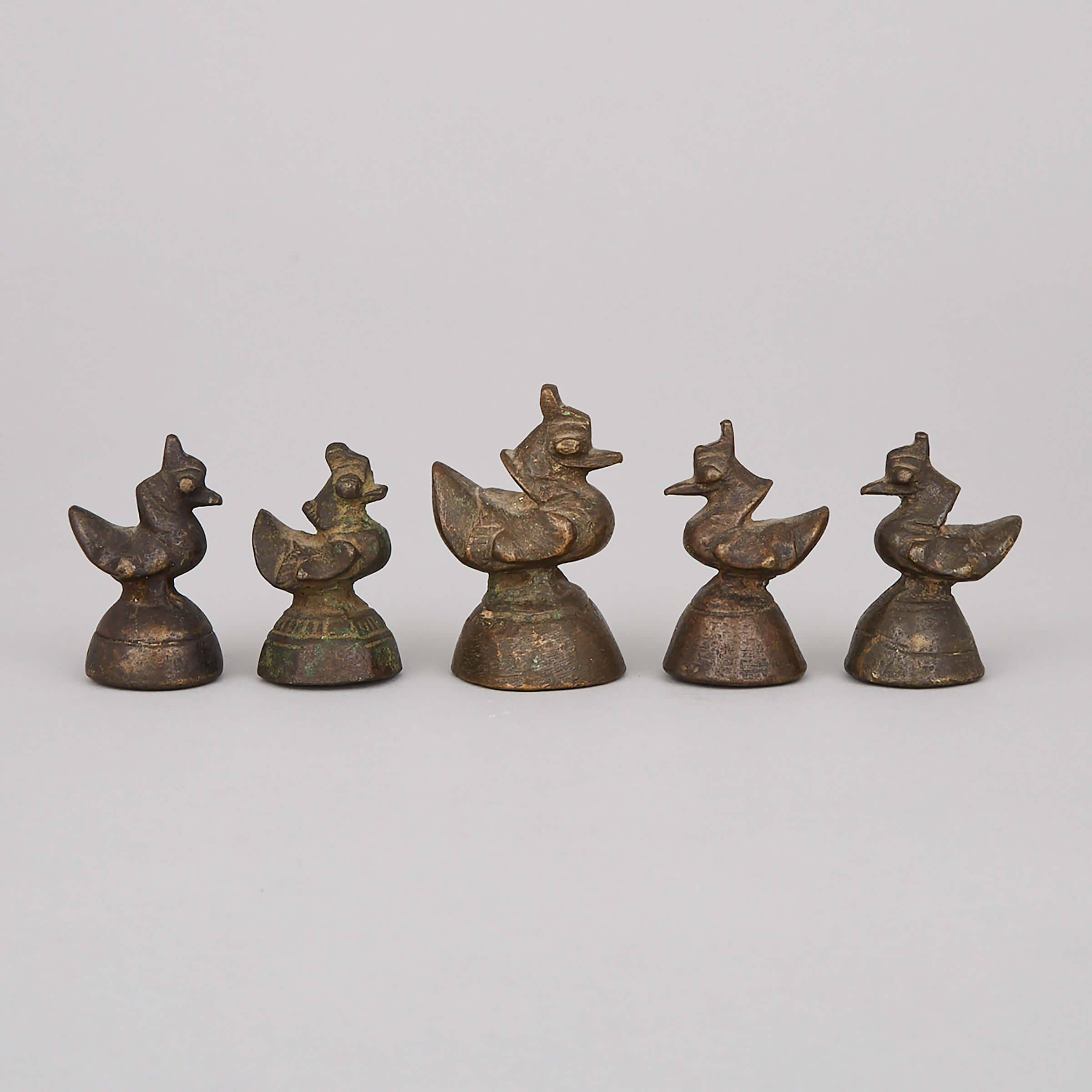 A Set of Five Burmese Bronze Bird Form Opium Weights, Early 20th Century