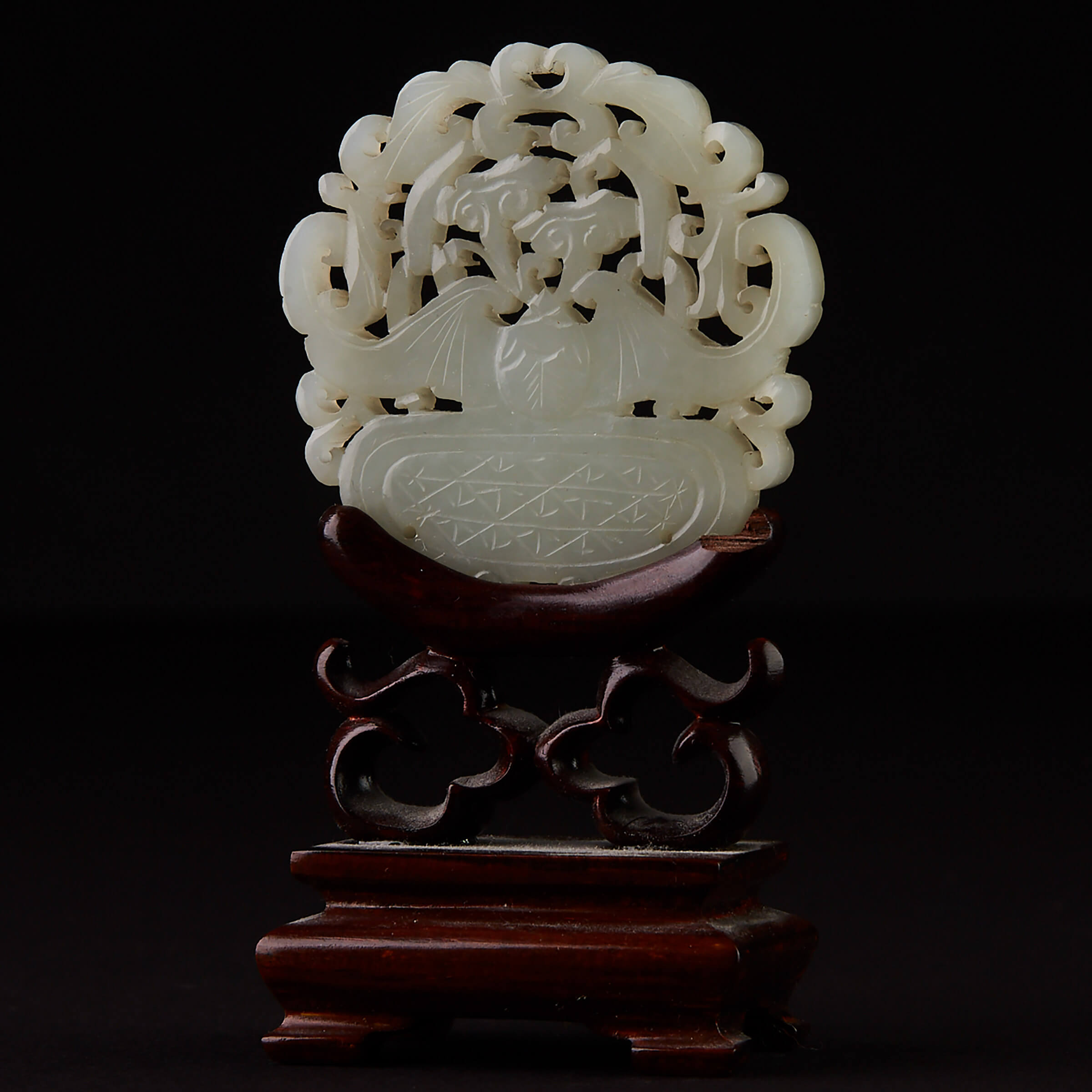 A Bat and Lingzhi Jade Carving with Stand