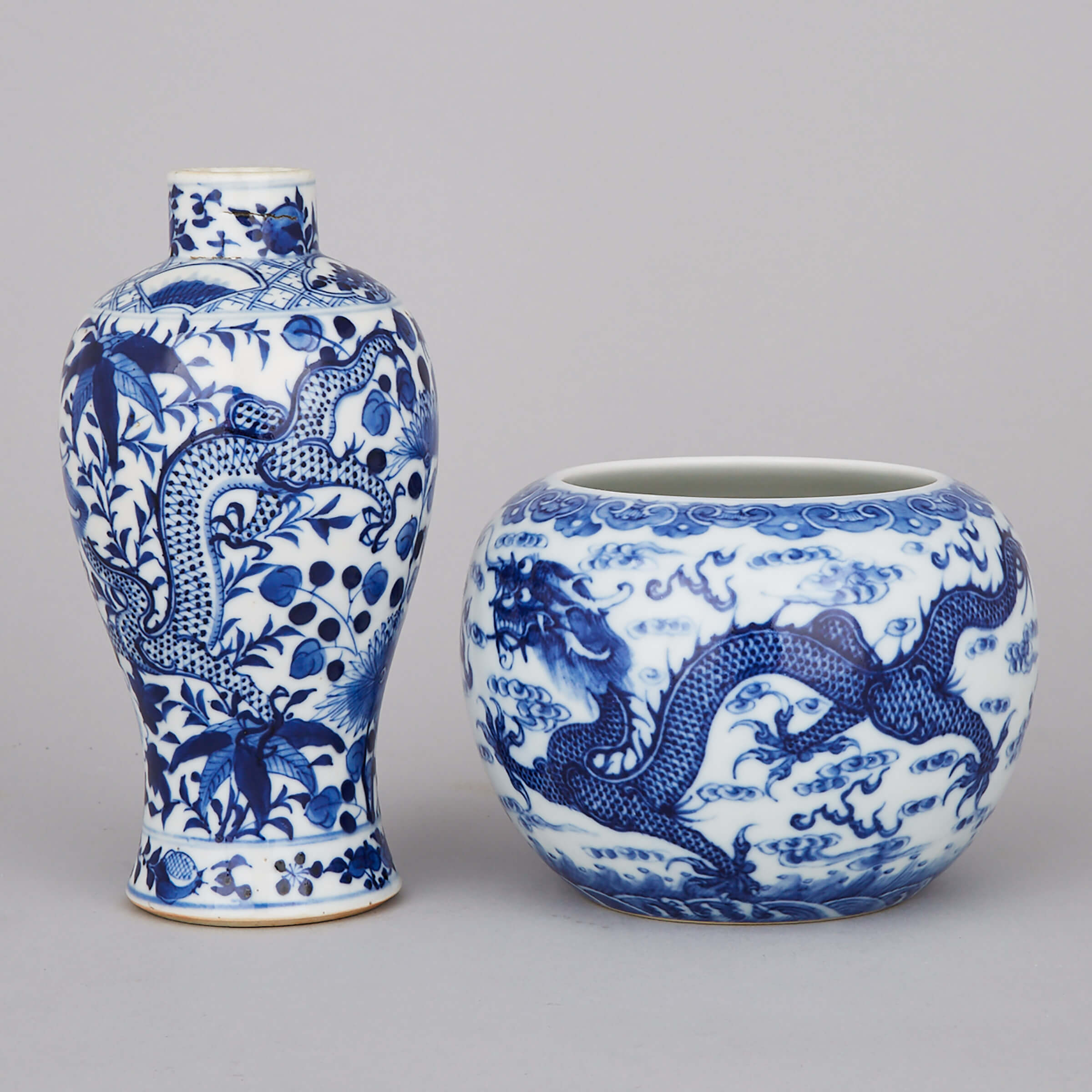 Two Blue and White Dragon Vases