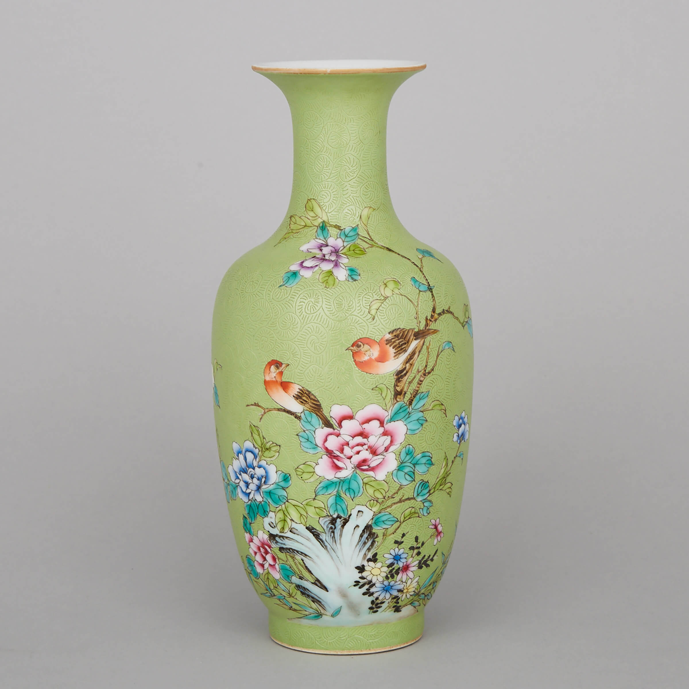 A Green Ground Scraffiato Famille Rose Birds and Flowers Vase