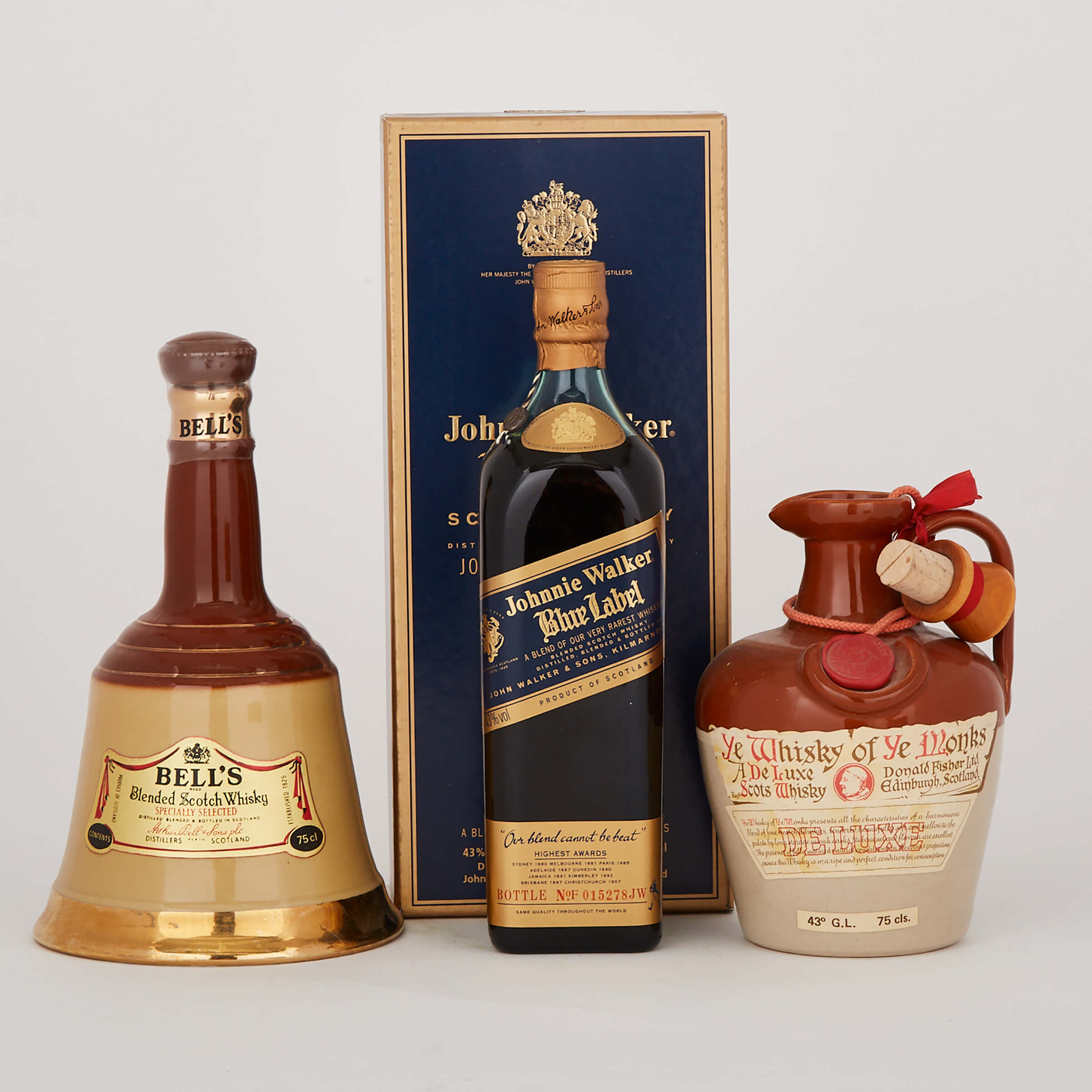 BELL'S BLENDED SCOTCH WHISKY (ONE 500 ML)
JOHNNIE WALKER BLUE LABEL SCOTCH WHISKY (ONE 750 ML)
YE WHISKEY OF YE MONKS 12 YEARS (ONE 75 CL)