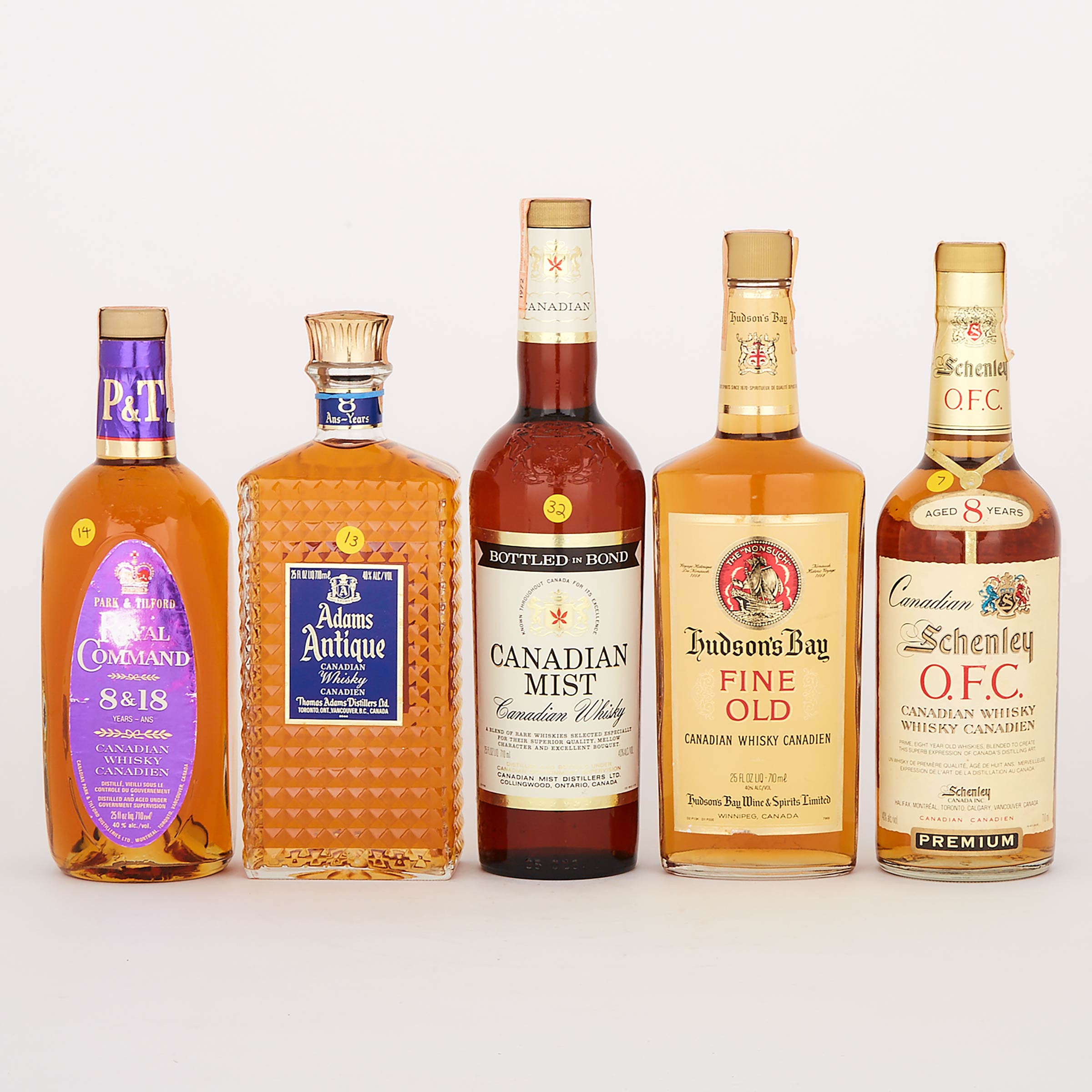 ADAMS ANTIQUE CANADIAN WHISKY 8 YEARS (ONE 710ML)
CANADIAN MIST CANADIAN WHISKY (ONE 710 ML)
HUDSON’S BAY FINE OLD CANADIAN WHISKY (ONE 710 ML)
ROYAL COMMAND 8 & 18 CANADIAN WHISKY (ONE 710 ML)
SCHENLEY PREMIUM CANADIAN WHISKY OFC 8 YEARS (ONE 710 ML)