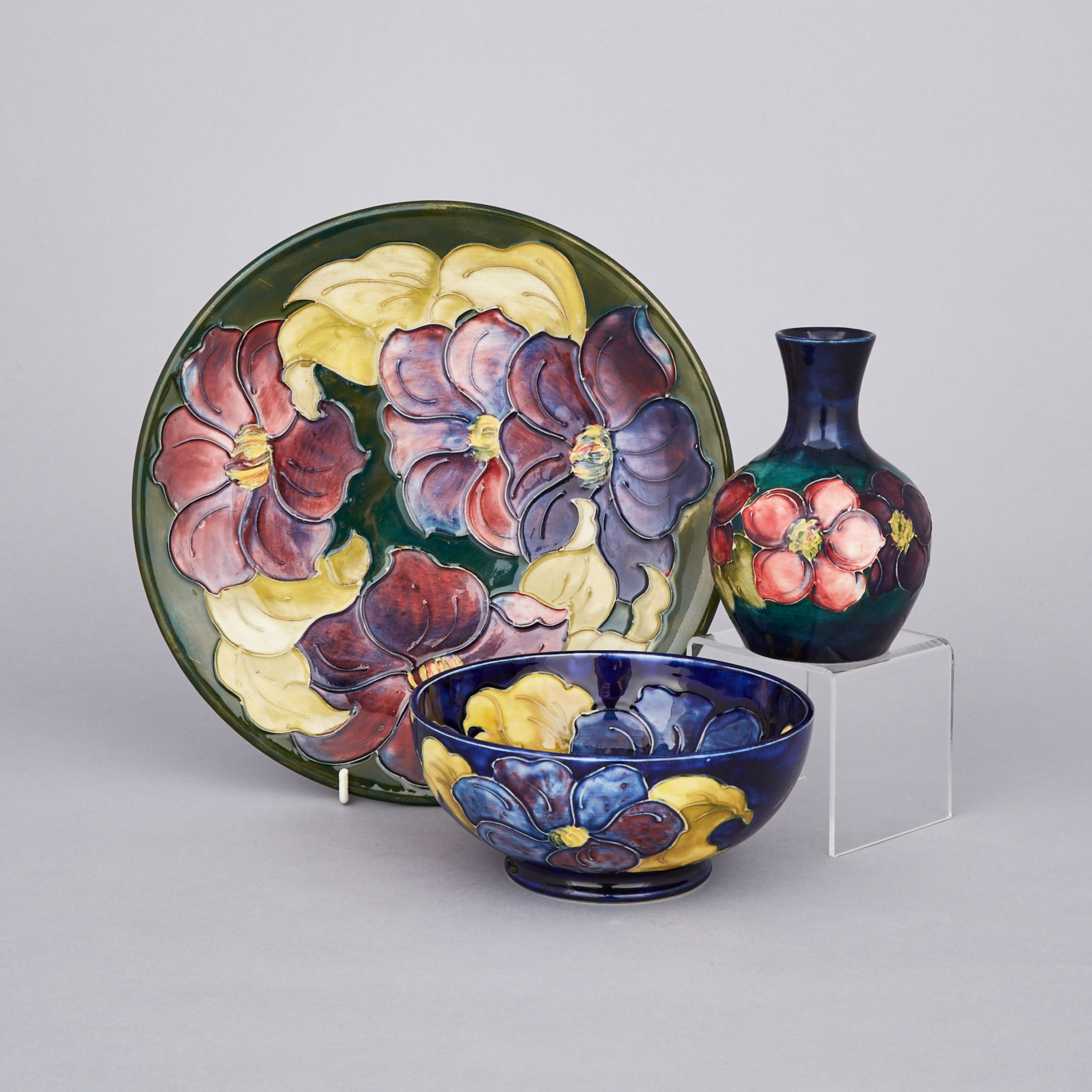 Moorcroft Clematis Bowl, Plate and Small Vase, c.1955-75