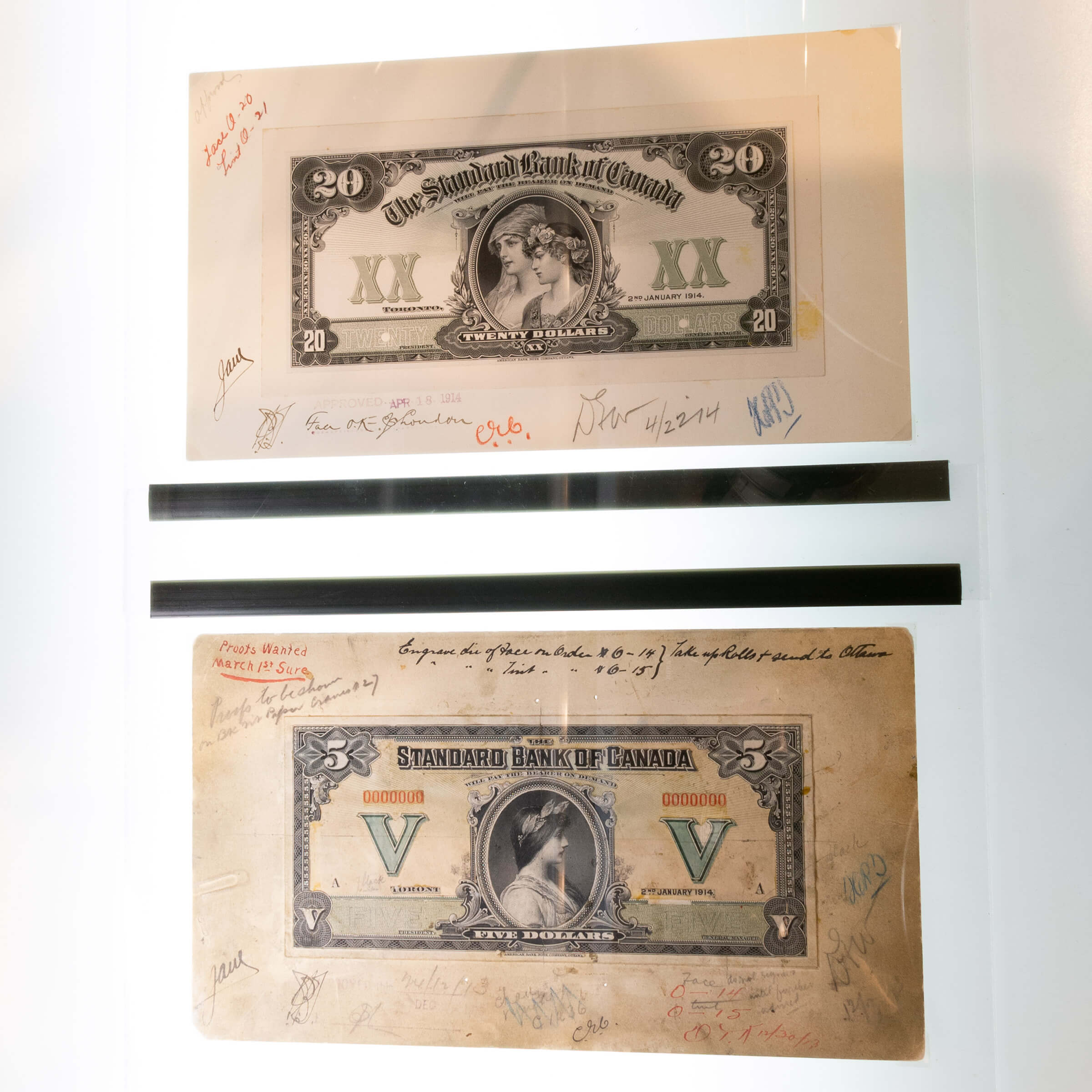 Two Standard Bank Of Canada Face Proofs for the 1914 $5 and $20 note