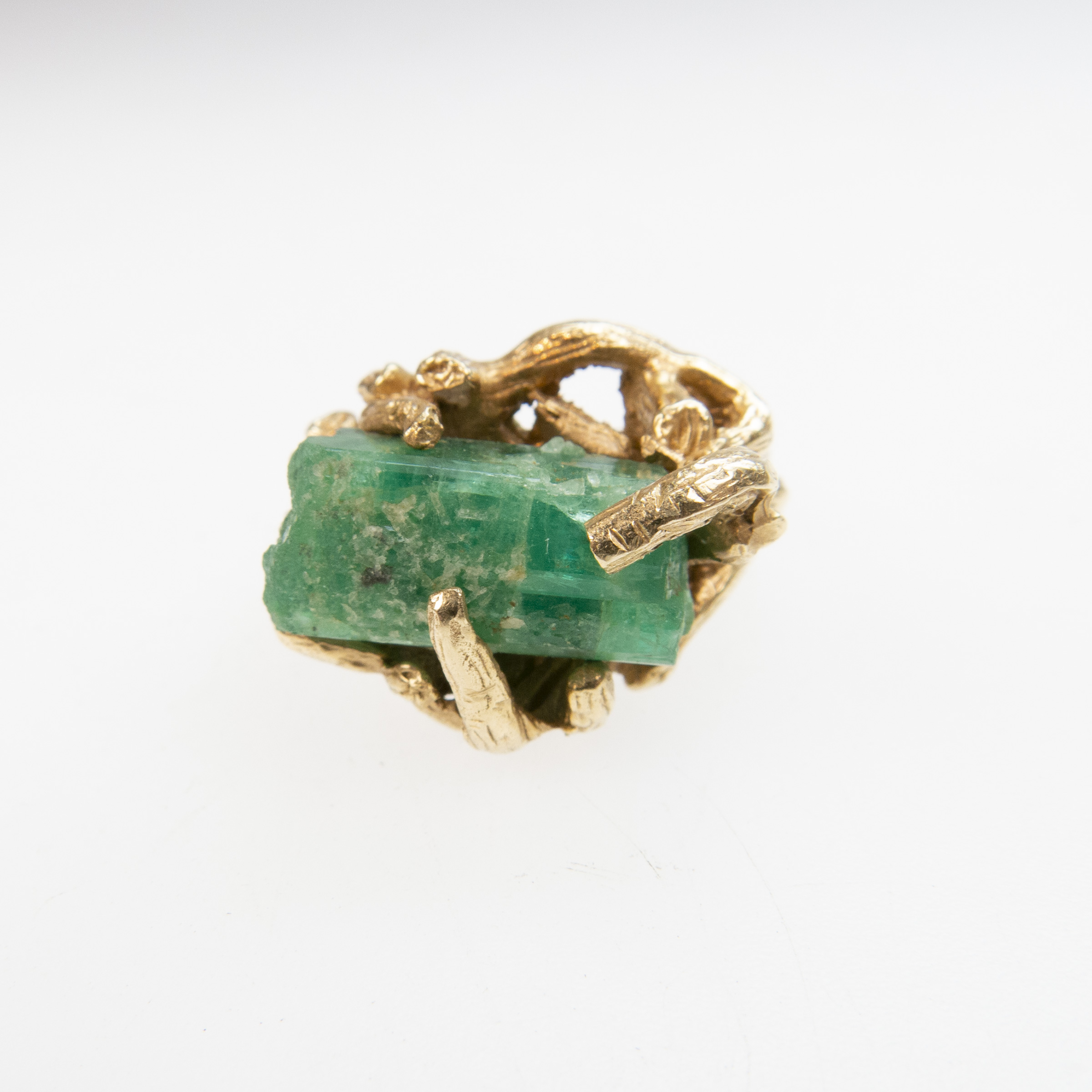 14k Yellow Gold Sculpted Ring set with a natural emerald crystal