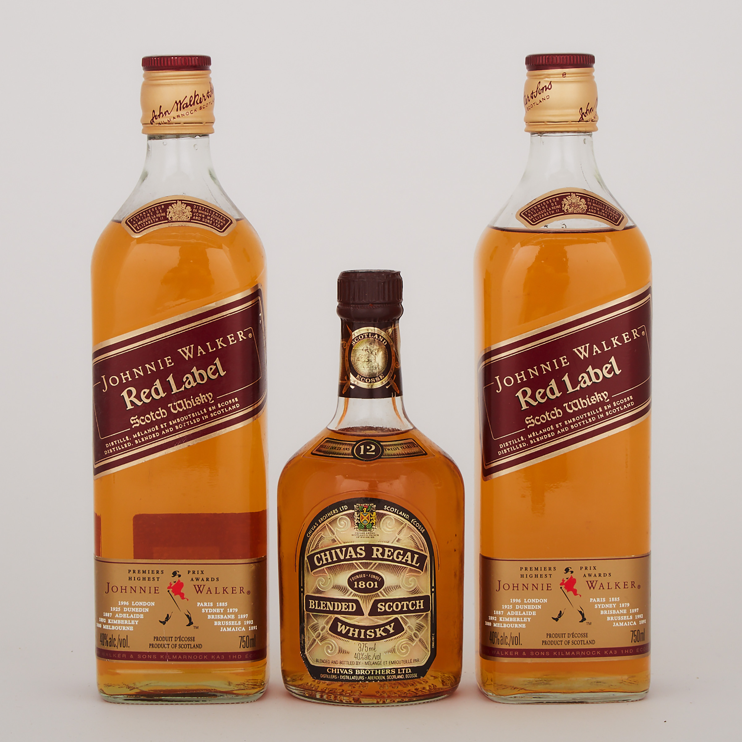 CHIVAS REGAL BLENDED SCOTCH WHISKY 12 YEARS (ONE 375 ML)
JOHNNIE WALKER RED LABEL SCOTCH WHISKY (ONE 750 ML)
JOHNNIE WALKER RED LABEL SCOTCH WHISKY (ONE 750 ML)