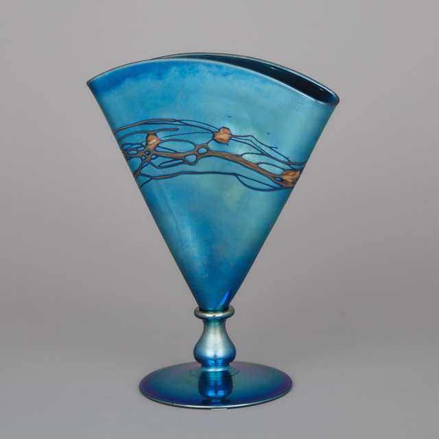 Steuben Blue ‘Aurene’ Iridescent Glass Fan Vase, c.1920