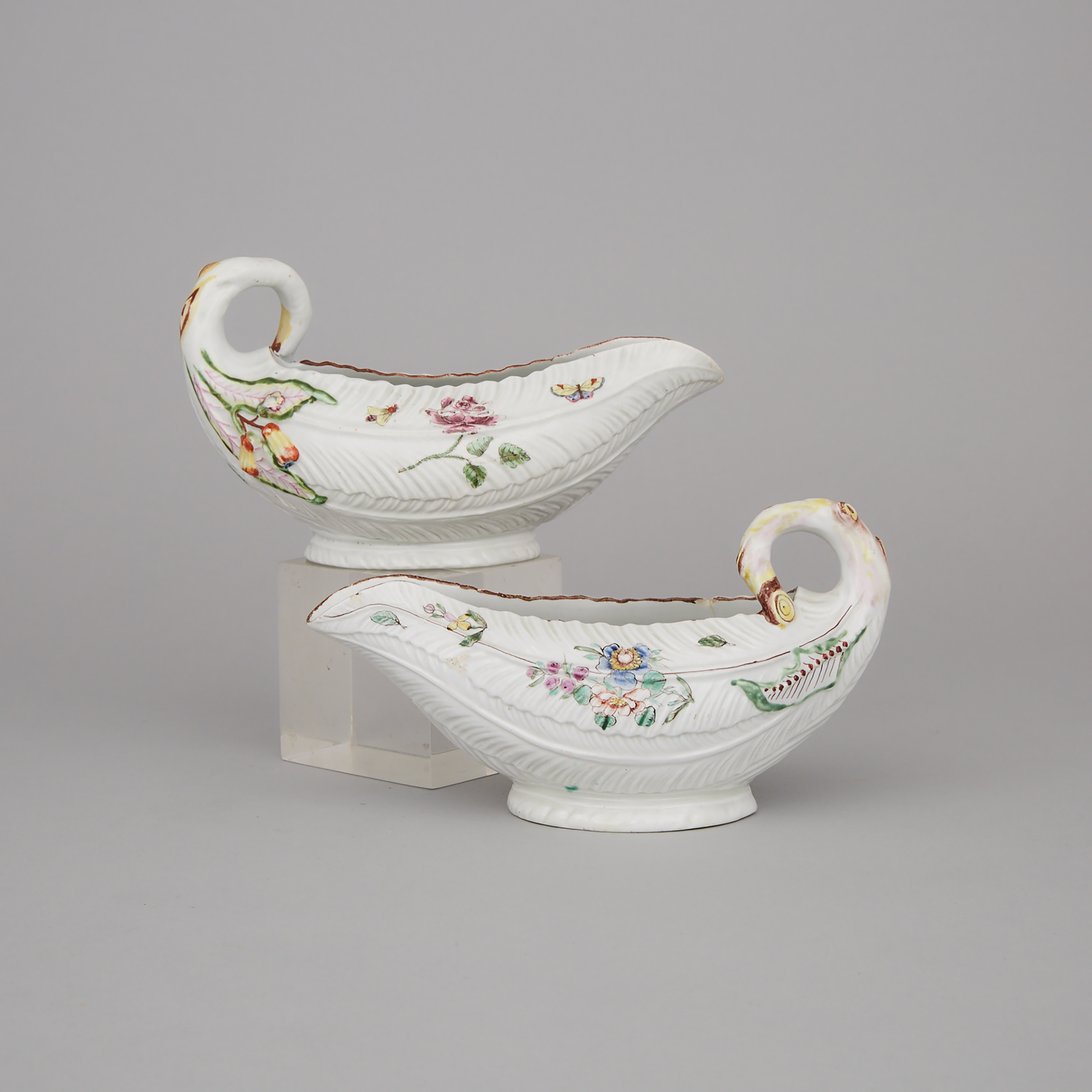 Pair of Worcester Cos Lettuce Leaf Sauce Boats, c.1755-60